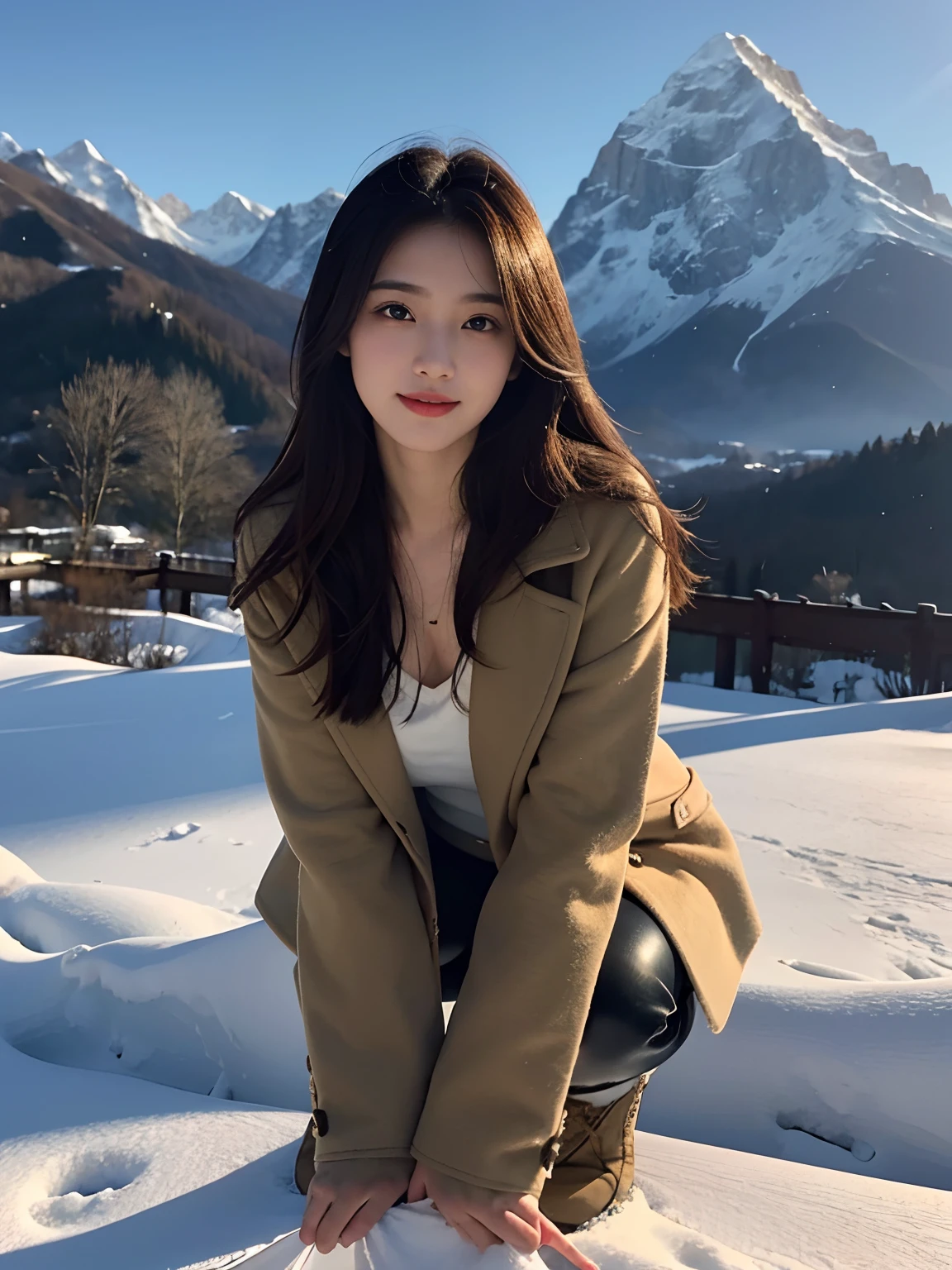 best qualtiy，tmasterpiece，超高分辨率，（真实感：1.4），RAW photogr，1girll，long whitr hair，Face Highlighting，Pure，Girly，Flushing，18yr old，18-year-old smiling female classmate，Pure，Innocent，（best qualtiy，8K，tmasterpiece:1.3），Goose egg face，largeeyes，long eyelasher，Exquisite（live-action realistic style），Star-like eyes，Ultimate face，Photorealistic light and shadow，Clear facial features，Milky white skin，Fair skin， highdetailskin， Realistic skin details， Visible Pore，（Super detail），（perfect bodies：1.1），long whitr hair，（dynamicposes），((Dynamic background((volumettic light：1.3))，huge tit，deep v big breasts，Khaki tweed coat，Black leather boots，alps，snow mountains，liberta，Dashing，long leges，Shunguang