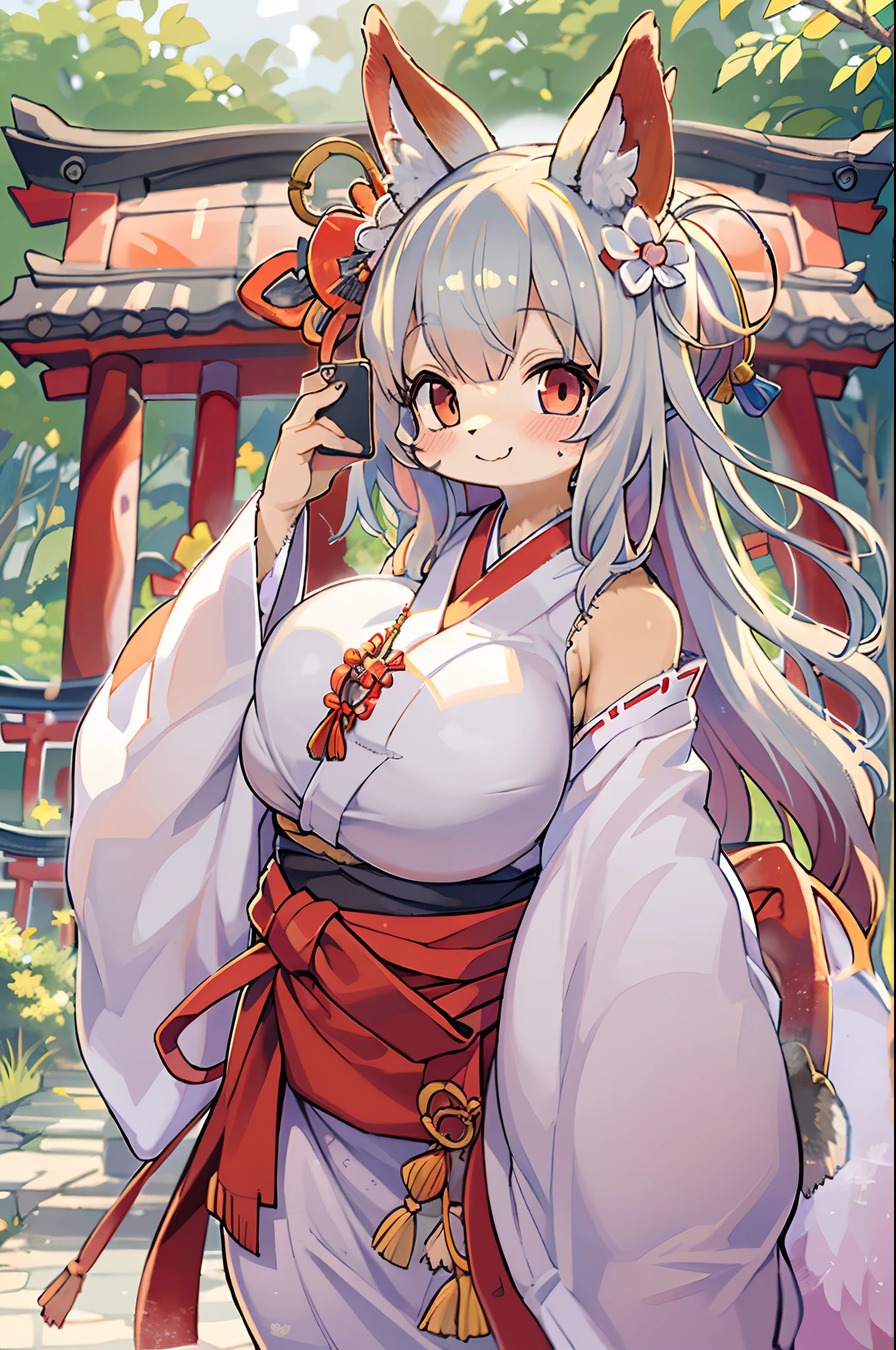 Fox Woman、body covered with fur、huge-breasted、kawaii、shrine maiden、Japan white clothes,Red Hakama、torii gate,summer day、((High Position))、((Selfie))、A big smile、bbw、thick thight、big butts、Ultramammy,Chibi,Nanachi
