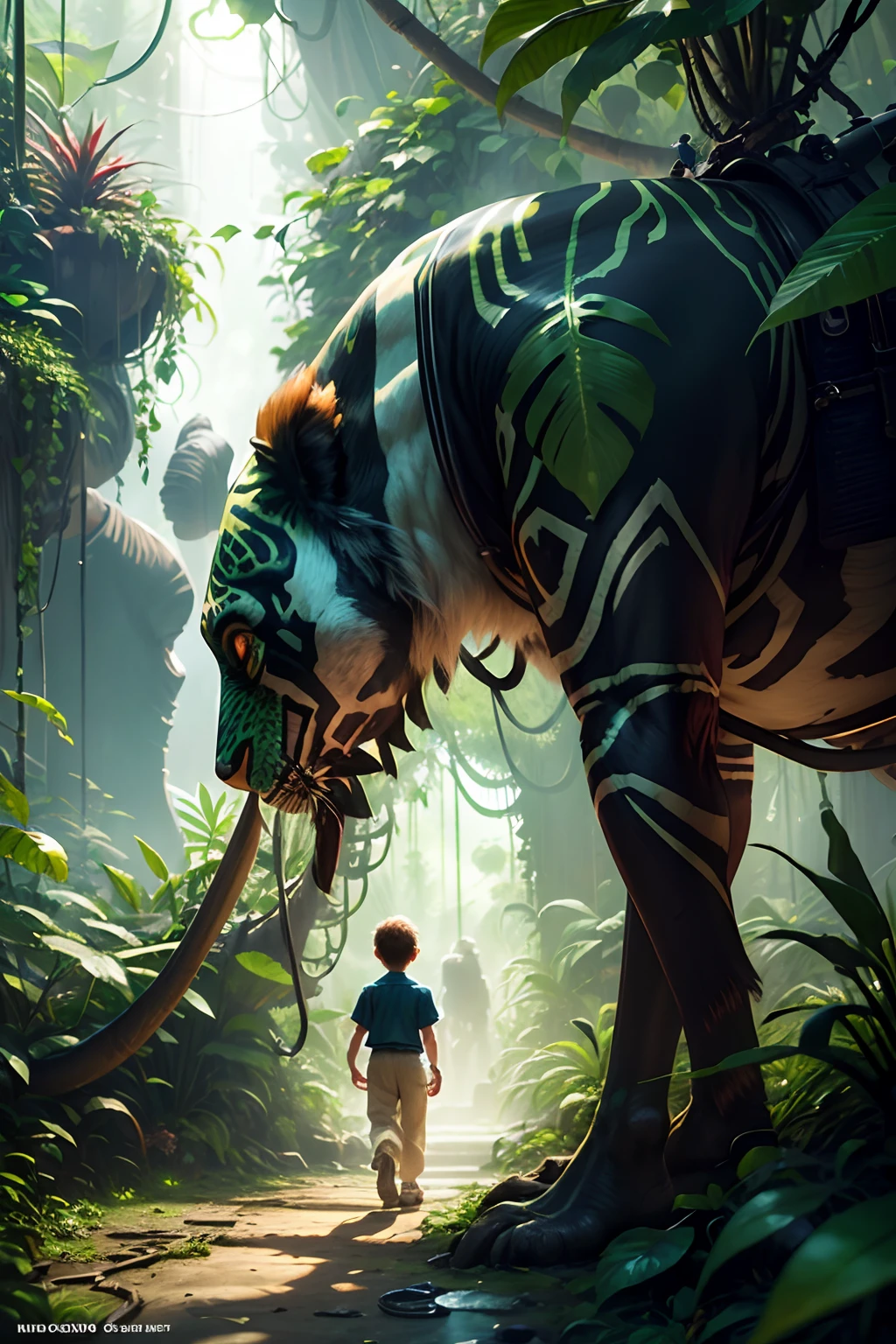 best quality, ultra-detailed, (photorealistic), (fantasy jungle:1.5), a lonely boy is walking and looking up, brightly colored birds, peeping animals, depth of field, film grain, professional lighting, --auto