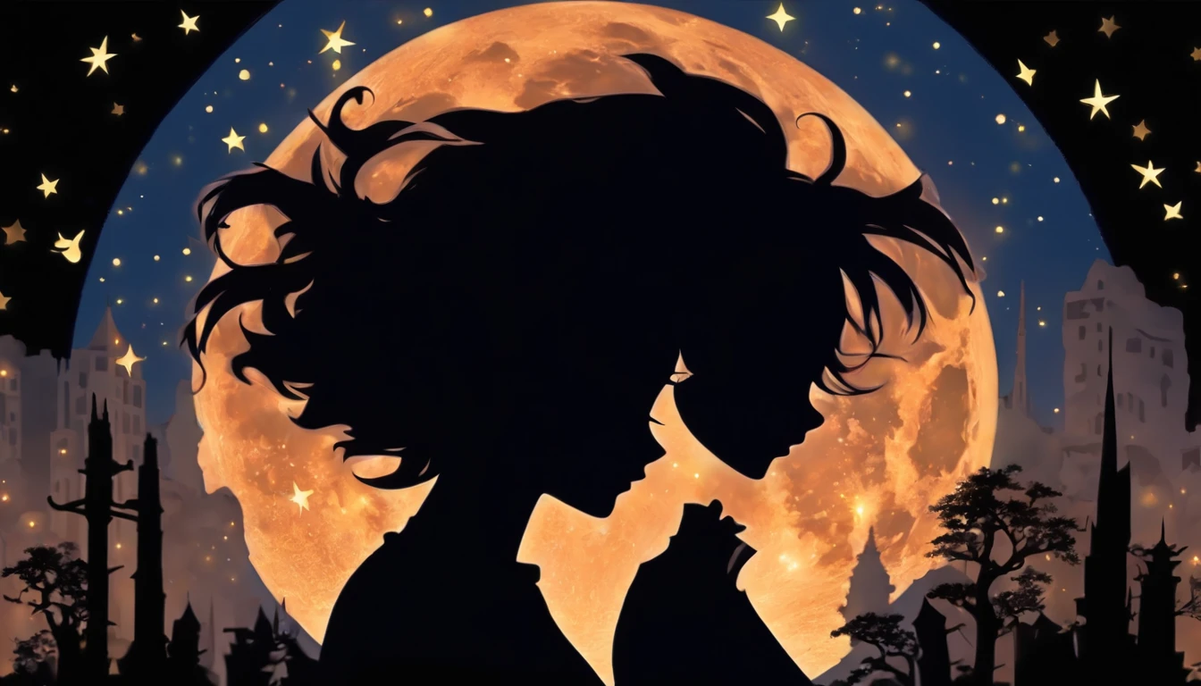 (Silhouette Art,cutouts:1.6)
(((Paper cutting art,A world where only black exists:1.3)
(Cowboy Shot),1 girl,Solo,
(Girl in dress,profile:1.2),white, Clear and beautiful face,Countless meteors、The Moon Behind、
Romper
(Dark Moon)
Textured glass background,Tarot card atmosphere、Atmosphere of the Galaxy Express