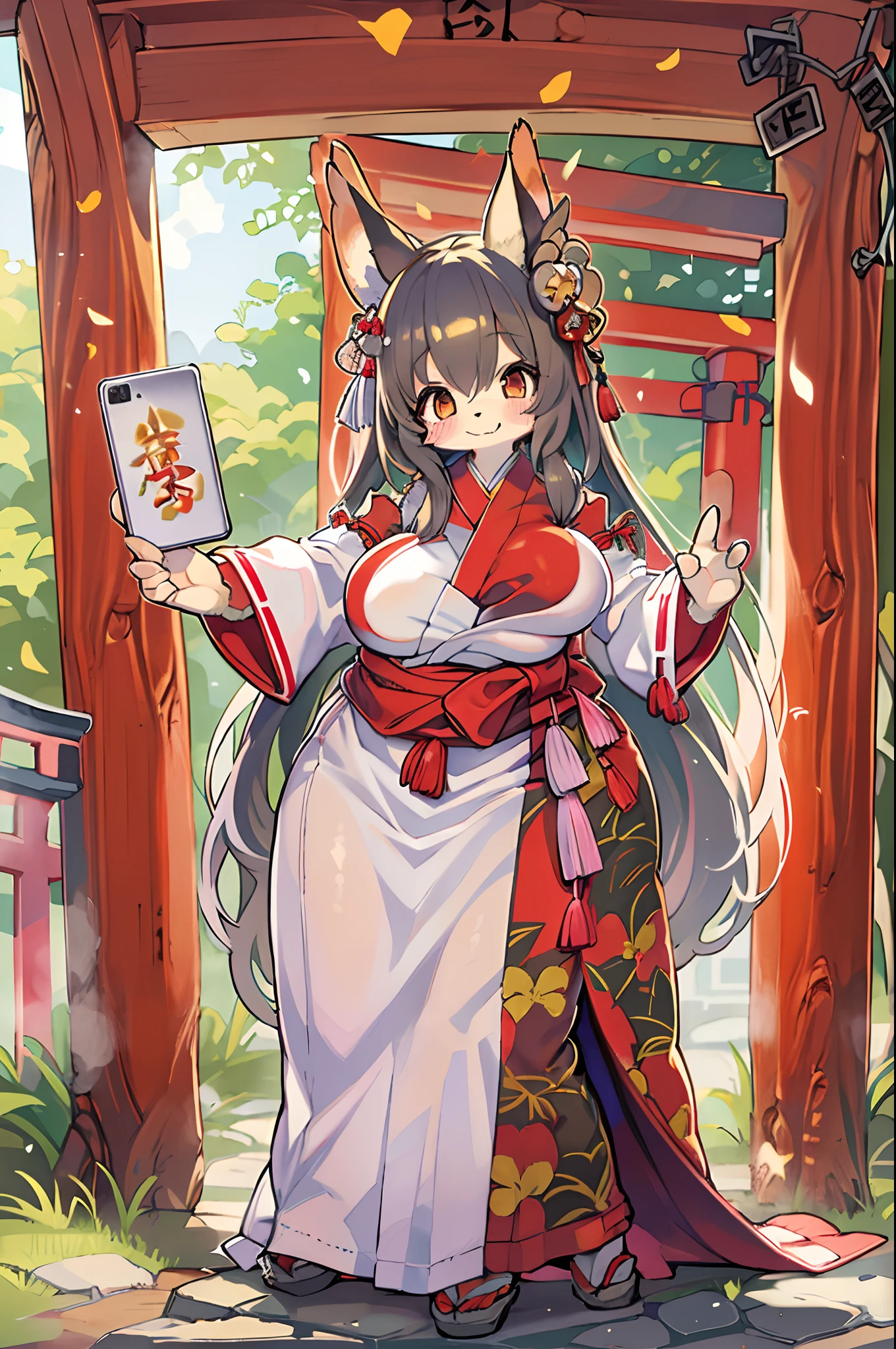 Fox Woman、body covered with fur、huge-breasted、kawaii、shrine maiden、Japan white clothes,Red Hakama、torii gate,summer day、((High Position))、((Selfie))、A big smile、bbw、thick thight、big butts、Ultramammy,Chibi,Nanachi