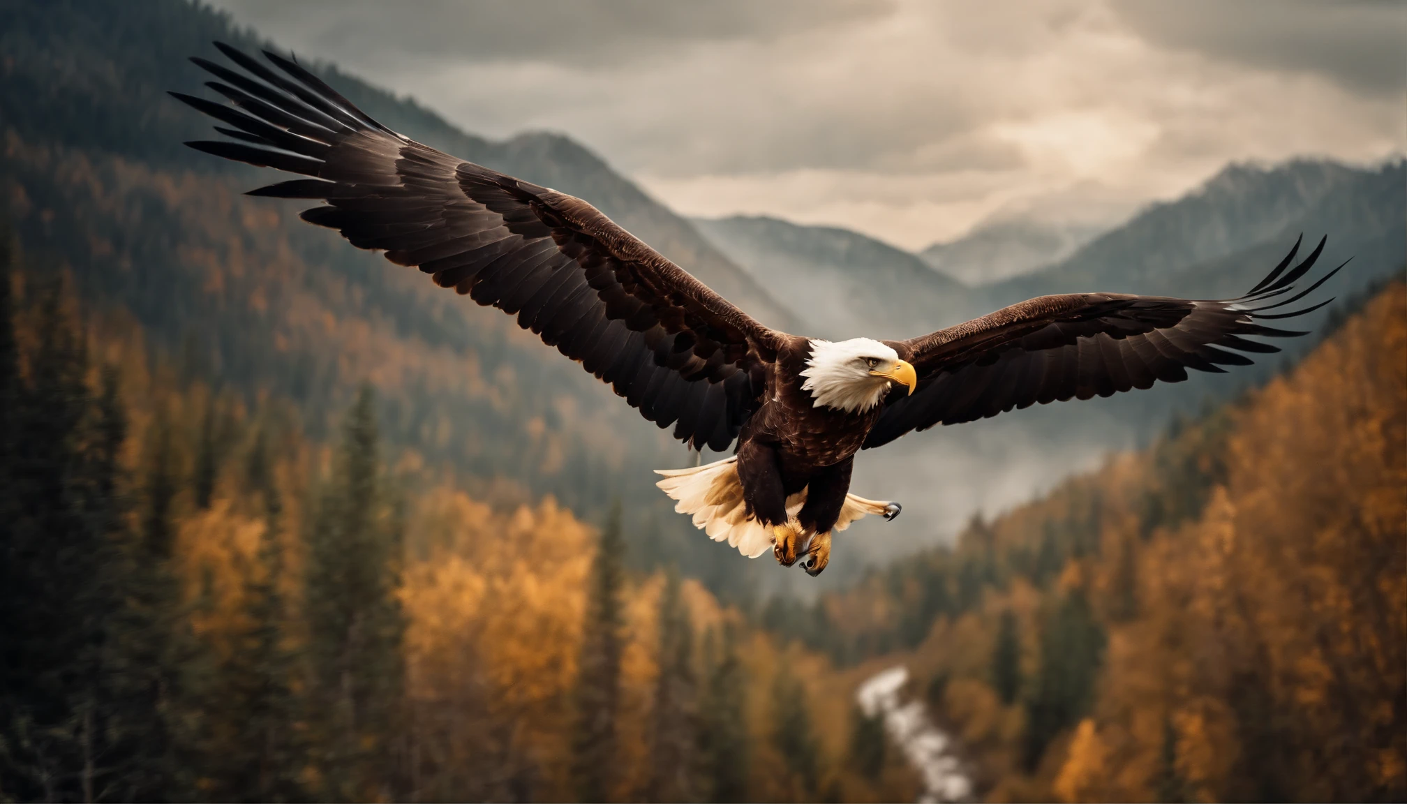 A painting of eagles flying through the mountains and forest