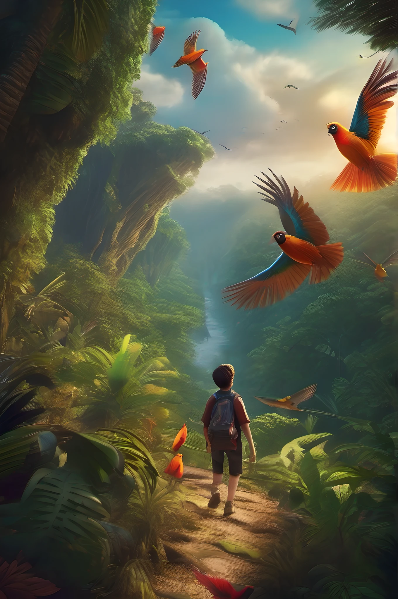 best quality, ultra-detailed, (photorealistic), fantasy jungle, unofficial trail, a lonely boy is walking and looking up, brightly colored birds fly around, depth of field, film grain, professional lighting, colorful scene