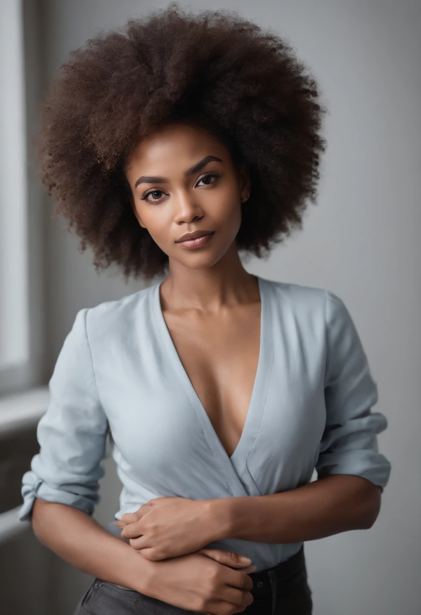 beautiful dark light skin woman, big african afro hair style, Out-front photo of Influencer looking at the camera with hands crossed and folded in front of her, Barely any emotion. Looking straight onto the camera. Arms are crossed in front round rib cage, Plain Leggings Black, Setting In her Manufacturing office (with a heat press).
