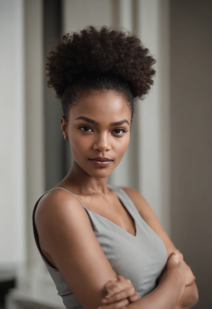 beautiful dark light skin woman, big african afro hair style, Out-front photo of Influencer looking at the camera with hands crossed and folded in front of her, Barely any emotion. Looking straight onto the camera. Arms are crossed in front round rib cage, Plain Leggings Black, Setting In her Manufacturing office (with a heat press).
