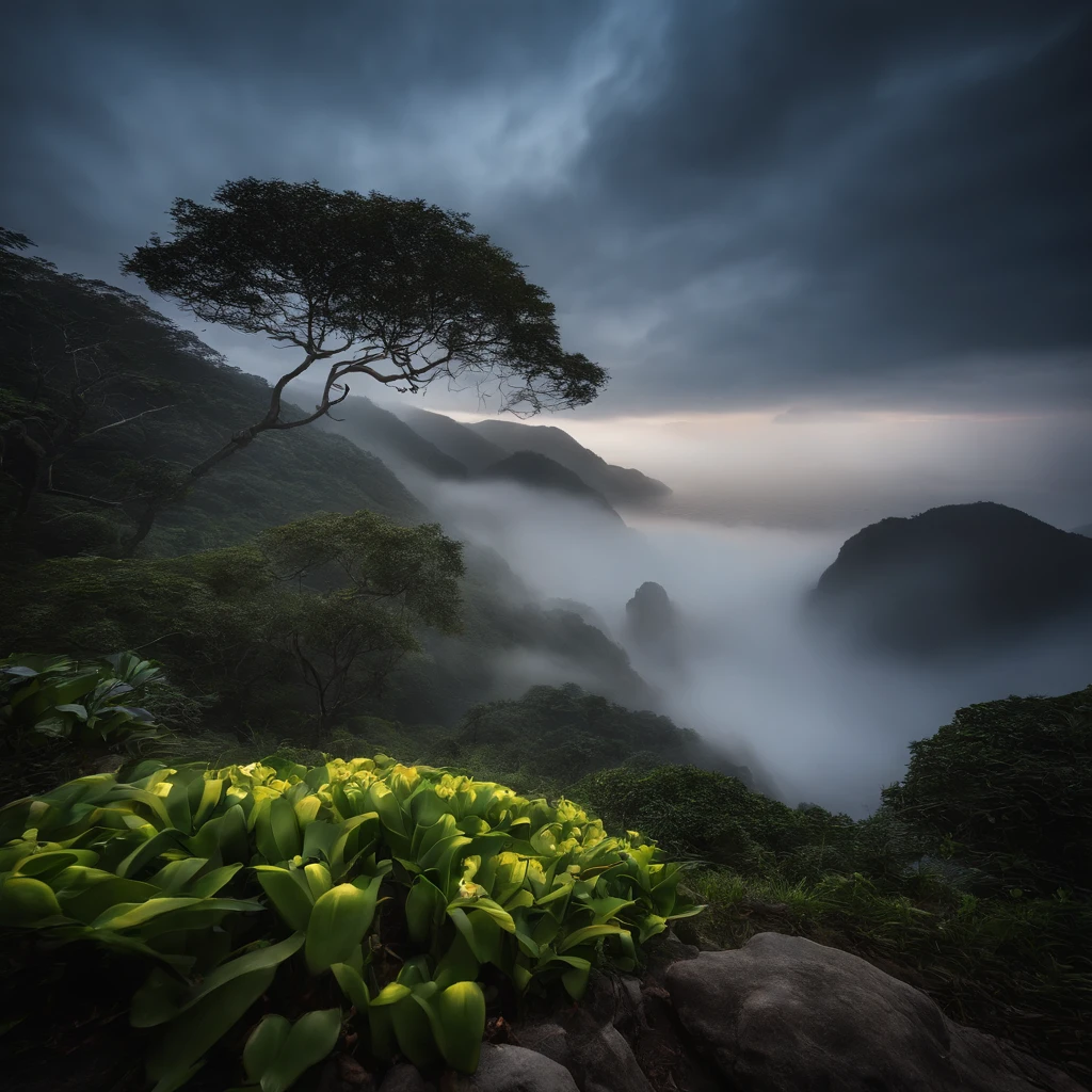 Magnificent view,Mountain top forest edge landscape photography professional high quality nature digital photography,Broad field of view,Bushes in the moonlight,Moonlight 1 White Phalaenopsis orchids on the edge of the cliff,Clear and transparent water,Huge stones stand tall,A majestic,Yamakawa, dead tree,falling leaf,Simple and beautiful,Minimalist,Deep bluish yellow tones,foggy sky,Nightmare vision, Dark fantasy plot,Perfect and excellent composition,8K分辨率,the detail,Rain trails,dampness,water stain,very wide angle shot,Jack Guzman's environmental art photography,realisticlying,cinematic compositions,Volumetriclighting,vividness, A detailed, stunning skies, Colorful clouds float,true to life, Pubic area is clear, flawless perfection, Digital SLR, 16k, 1024, 2048, 4096, A detailed, Sharp, best qualtiy, high qulity, absurderes,unmanned background,The is very detailed、Detailed lighting shadows,Trends on ArtStation、iintricate、high detal、dramatics、Midjourney Art(Volumetriclighting:1.2)hdr shot。(Faraway view,Super deep view,ultra-wide-angle,Microfocal length lens:1.2)(realisticlying:1.4)tmasterpiece、high high quality、Beautiful photography、globalillumination、