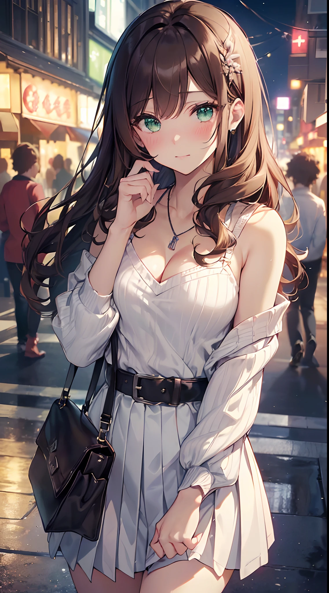 (masterpiece:1.2, top-quality), (realistic, photorealistic:1.4), beautiful illustration, (natural side lighting, movie lighting),
looking at viewer, cowboy shot, front view:0.6, 1 girl, japanese, high school girl, perfect face, cute and symmetrical face, shiny skin,
(long hair:1.8, low twintails:1.7, brown hair), parted bangs, gold eyes, long eye lasher, (large breasts:0.9, thick thighs), hoop ring earrings,
beautiful hair, beautiful face, beautiful detailed eyes, beautiful clavicle, beautiful body, beautiful chest, beautiful thigh, beautiful legs, beautiful fingers,
((white collared shirts, open shirts, sleeves rolled up, navy pleated mini skirt, loose socks, hair ornament), shocking pink bra and panties, cardigan around waist),
(beautiful scenery), evening, shibuya street, (walking, holding a phone), (lovely smile, upper eyes, open mouth),