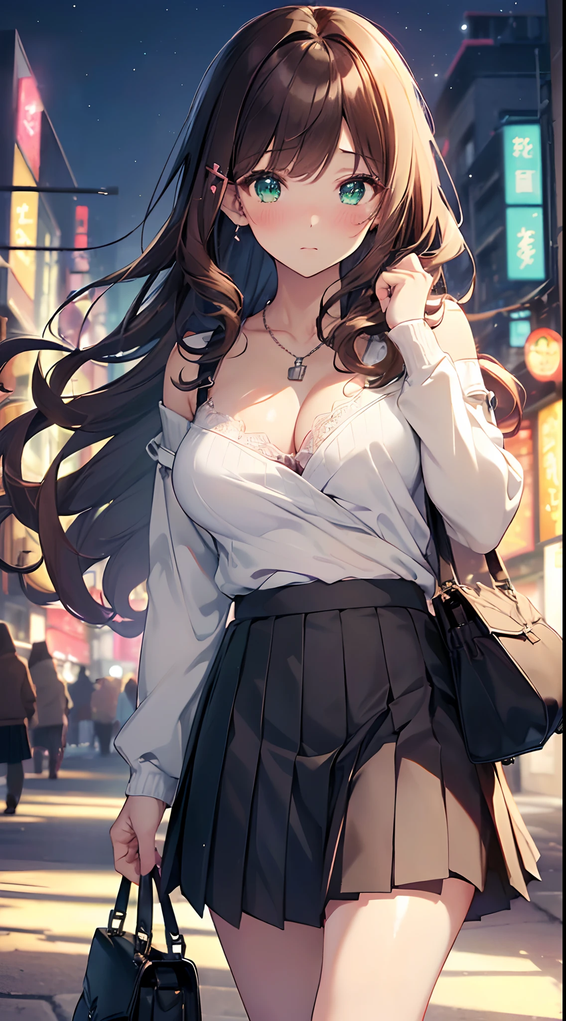 ((masutepiece, Best Quality, hight resolution, nffsw, Perfect Pixel, depth of fields, 4K, nffsw, nffsw))), 1girl in, Single, Solo, Beautiful anime girl, Beautiful Art Style, Anime Character, 24 years old, ((Long hair, Bangs, dark brown hair, Curly hair:1.2, hair pin)), ((Detailed face, Blushing:1.2)), ((Green eyes:1.8, sparkling effect, detailed eyelash)), ((Smooth texture:0.75, Realistic texture:0.5, Anime CG style)), ((medium breasts, cleavage:0.95)), Dynamic Angle, busty, Perfect body, ((close up, POV, Portrait, Hold your face)), ((White sweater, Skirt:1.5, Folds in the skirt, Pleated skirt style, Sliver Necklace)), ((Visible bra strap, bra strap)), Night, night lights, Bokeh:1.4, (plein air, city buildings, Large crowds), (Fashionable, Handbag)