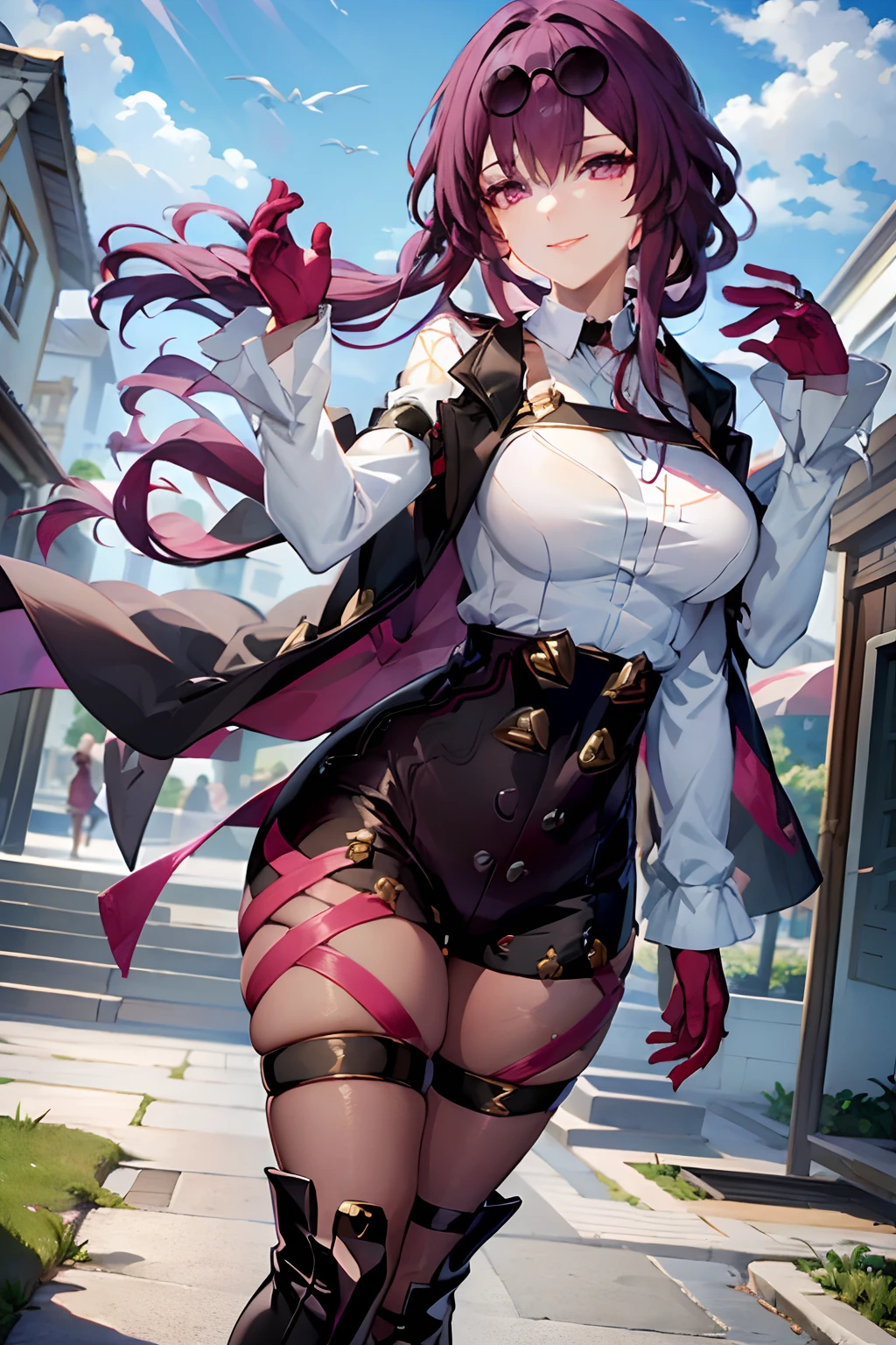 ​masterpiece, top-quality, 1girl, KafkaV4, The shirt, white  shirt, jaket, purple color  hair, long-sleeve, Eyewear on the head, Lunette de soleil, boots, gloves, Thigh boots, panthyhose, is standing, Mouth closed, a smile, looking at the viewers,outside of house、plein air、