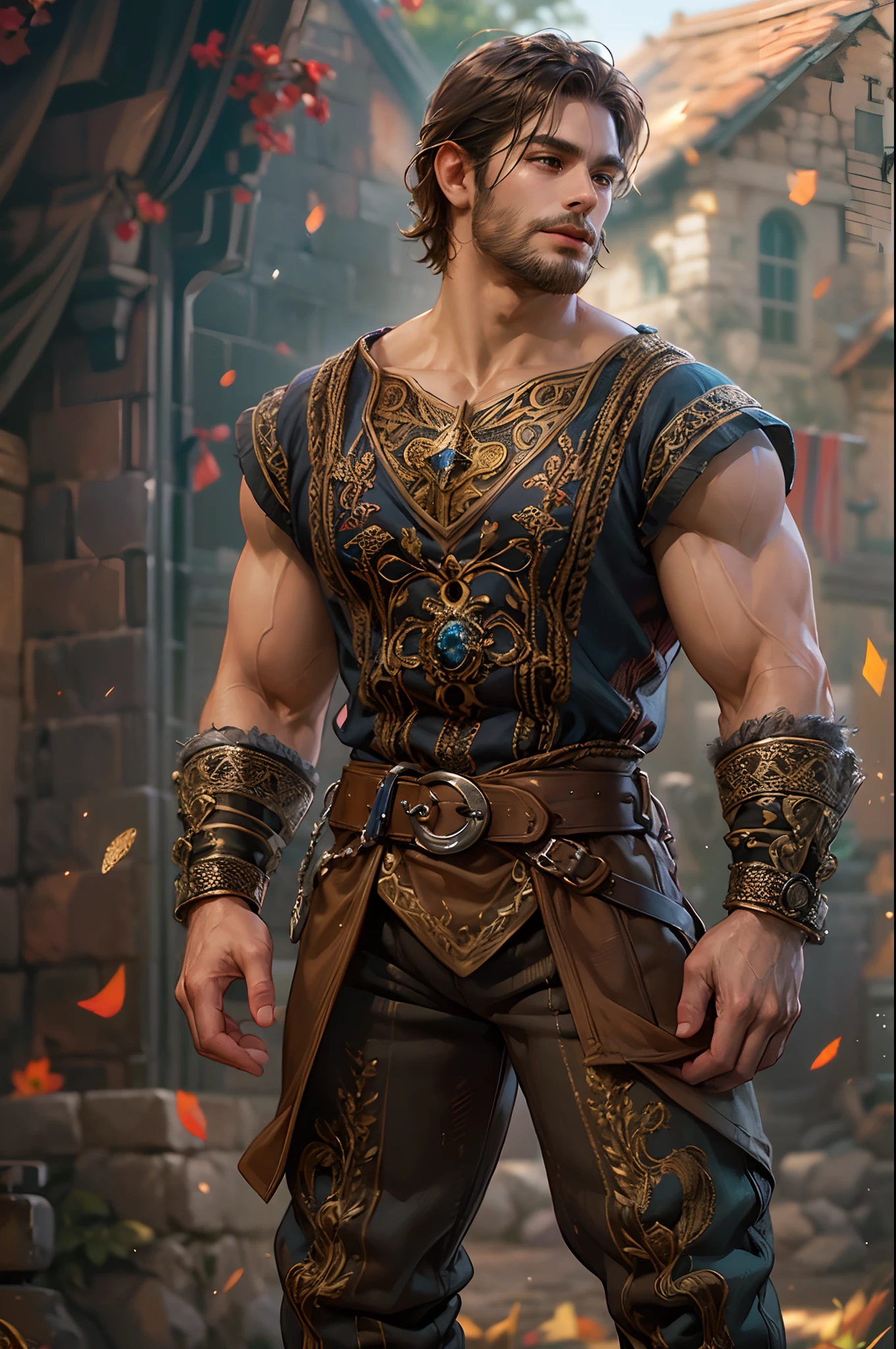 1 man, handsome, muscular,, styled brown hair, brown eyes, angular features, pointed chin, smirking, shirtless, loose pants, colorful, intricate details, Fantasy, realistic textures, (ultra highres:1.0), detailed, (photorealistic:1.4), (depth of field:1.3), (raytracing, particle effects, bokeh), ((medieval fantasy environment)),
