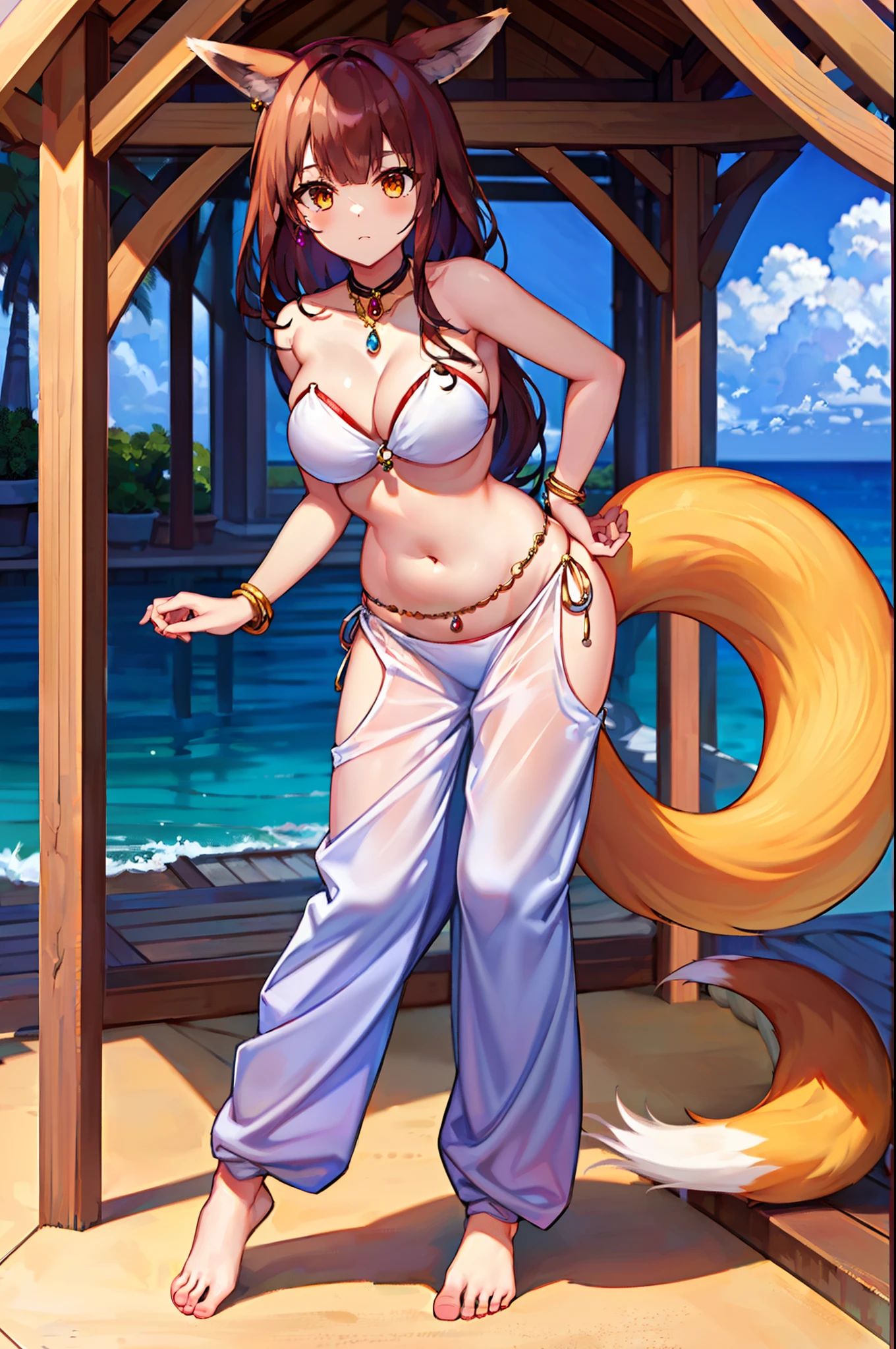 (((fox girl))), ((full body)), ((standing pose)), ((strapless bikini top)), ((jewelry)), ((very long and baggy belly dance harem pants)), ((bare feet)), ((fully detailed))