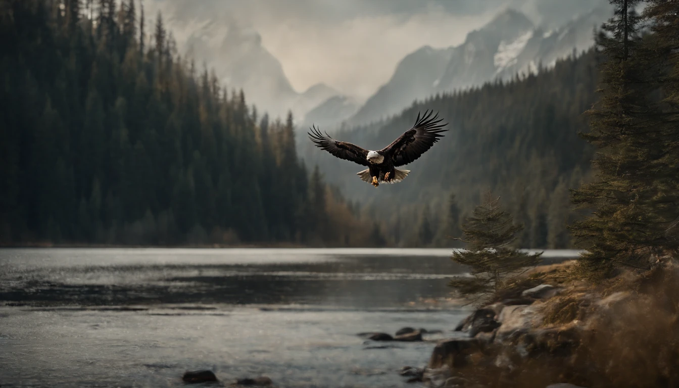 A painting of eagles flying through the mountains and forest