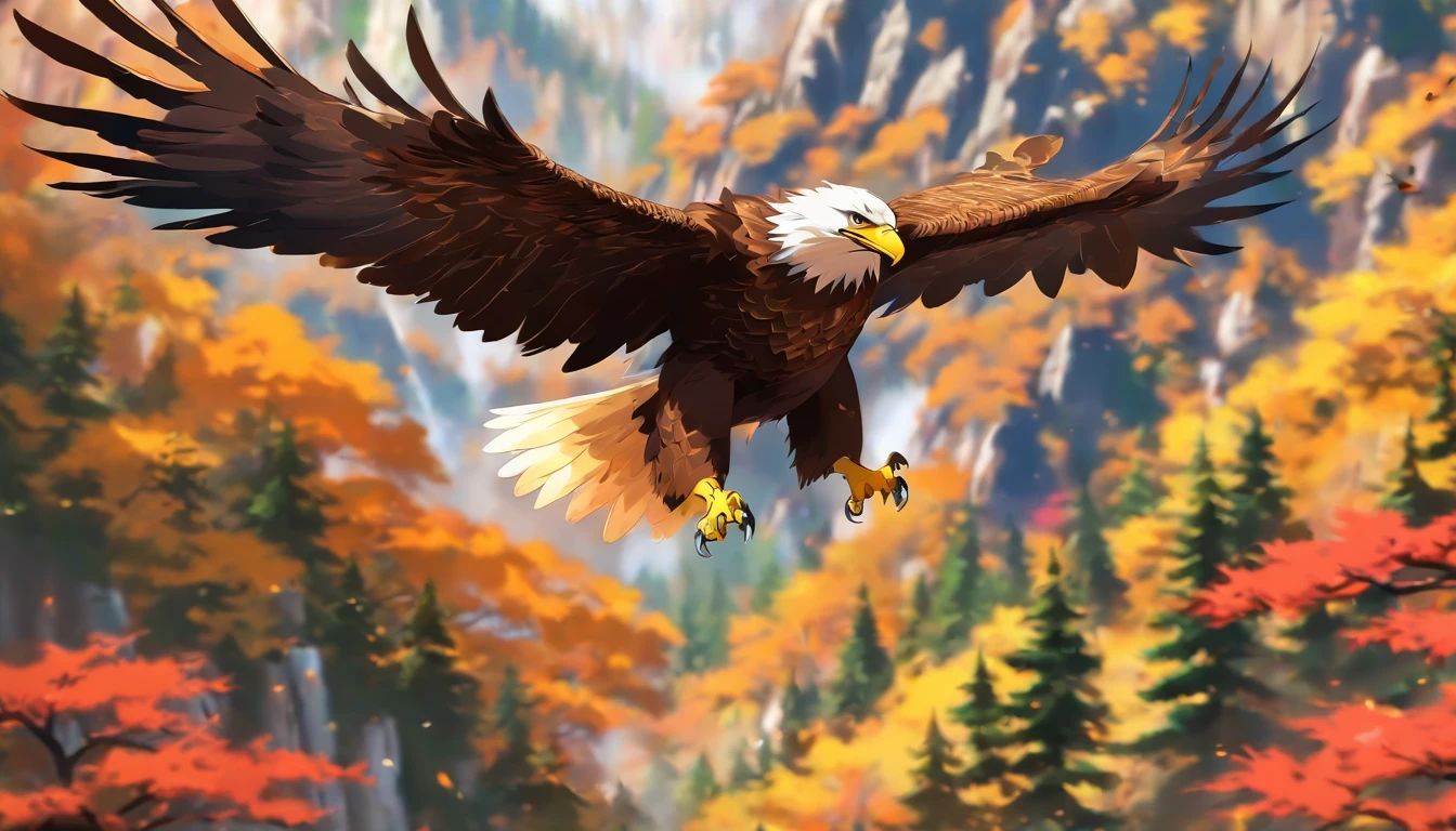 A painting of eagles flying through the mountains and forest