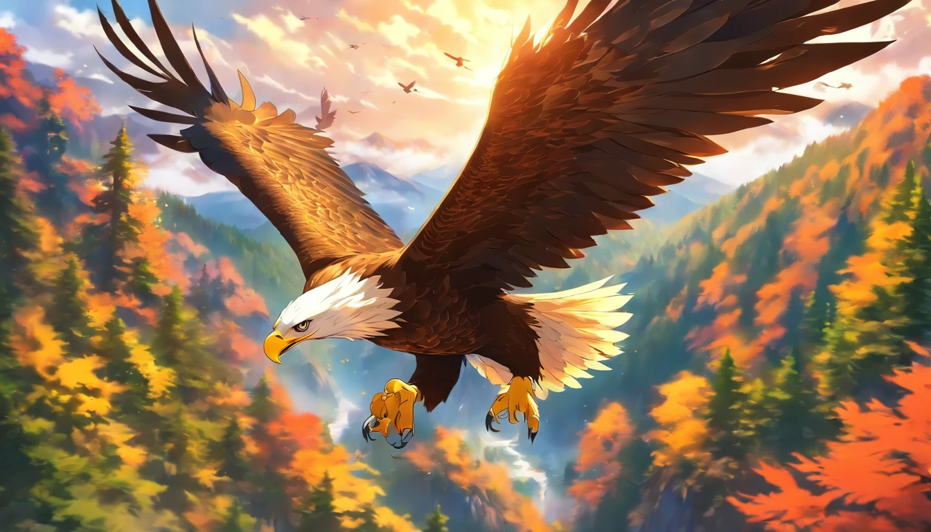 A painting of eagles flying through the mountains and forest