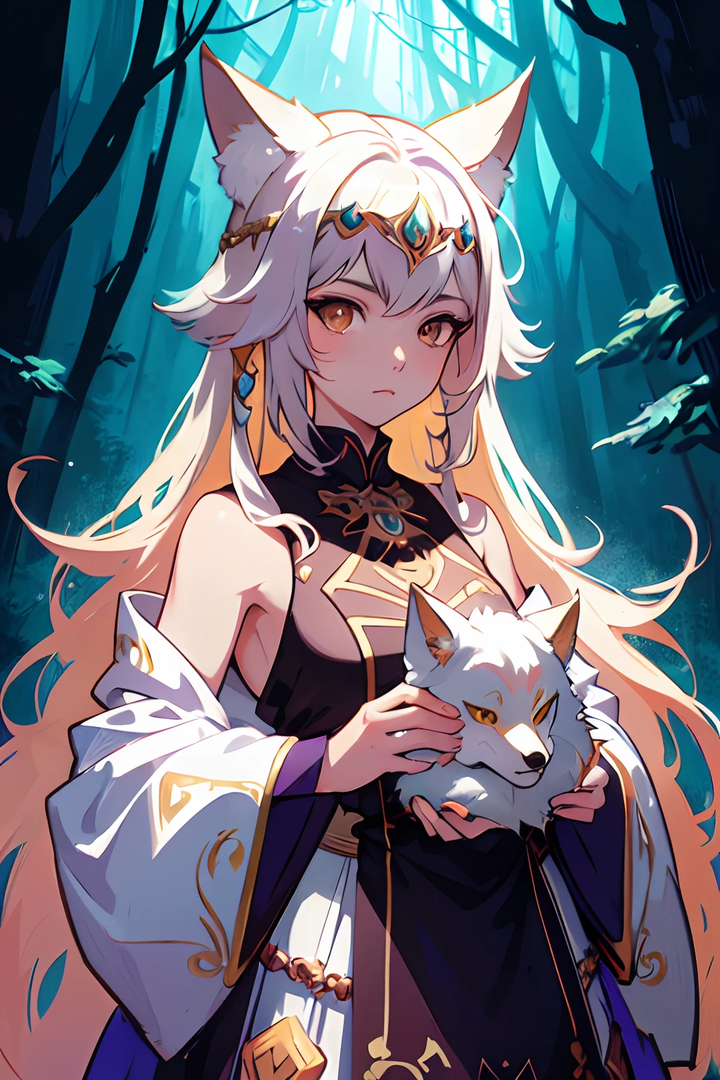 anime girl with a wolf headdress and a fox's head, alphonse mucha and rossdraws, :: rossdraws, digital anime illustration, detailed digital anime art, stunning art style, fantasy art style, alice x. zhang, anime fantasy illustration, artgerm and rossdraws, rossdraws sakimimichan, rossdraws 1. 0, digital anime art