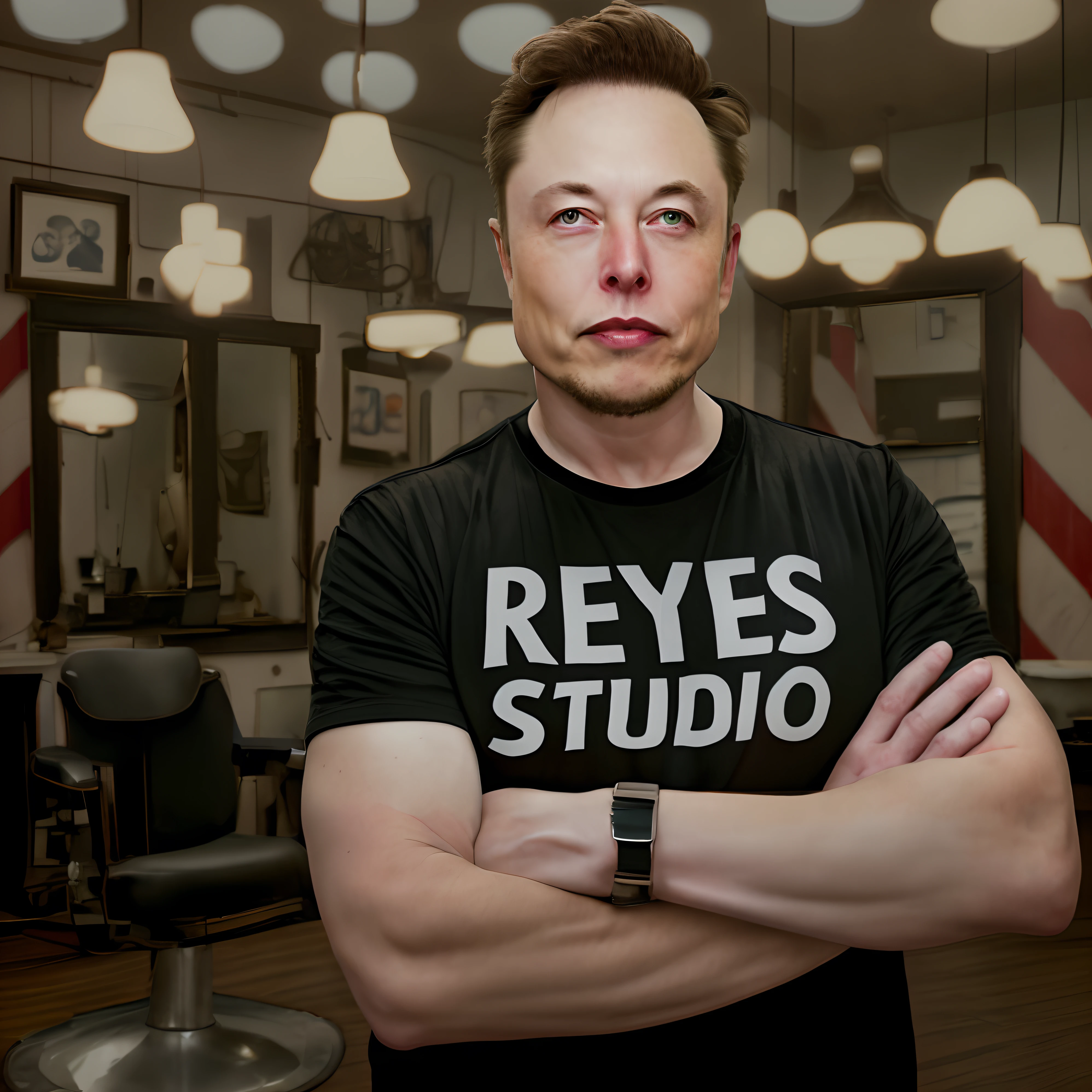 Generates a digital image of Elon Musk in a confident pose, with his arms crossed, wearing a black t-shirt with the inscription “REYES STUDIO” on the chest. The background of the scene must represent an authentic barbershop, with characteristic elements such as a classic vintage barber chair, antique mirrors, and traditional decoration details, epic realistic photography, hyperrealistic.