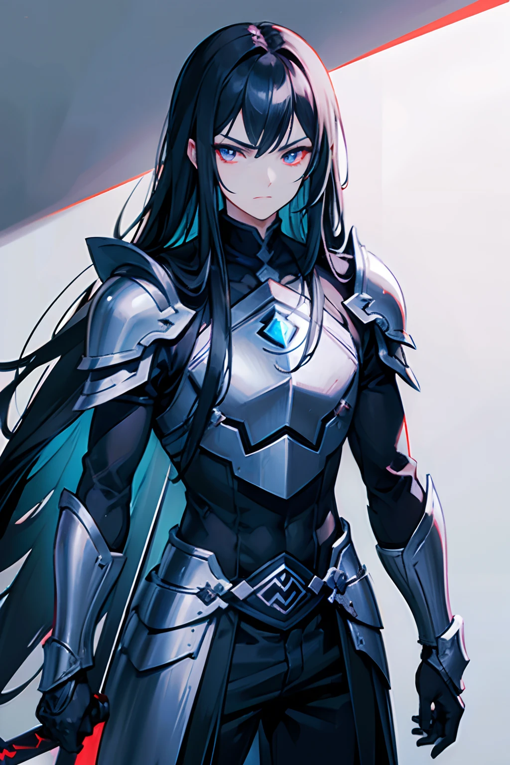 Man with long black hair wearing black paladin armor while holding a long black sword in his hand as his eyes glow red and his muscles stand out with a serious look on his face