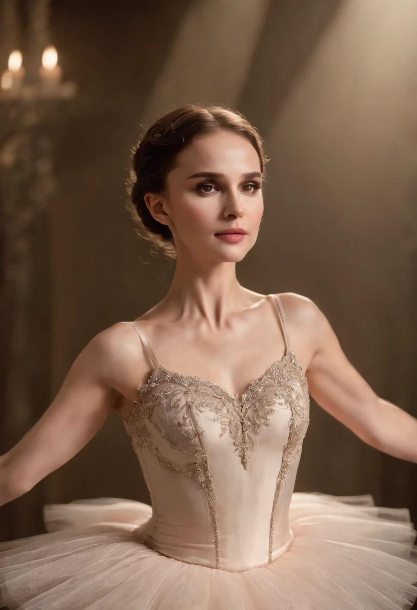 Natalie Portman,Masterpiece, Highest quality, (((Masterpiece))), (((Maximum level))), ((extra fine)), (illustration), ((Extremely delicate and beautiful)), dark fantasy style,black swan,Dynamic Angle, Floating, (Silk tutu: 1.4), (Beautiful detailed eyes), (Detailed light), (1 girl), Medium bust, Medium long hair, dark brown sparkling eyes, Dark brown hair,Silk tutu, Natural, (stage lighting,Contour light,Background spotlight), (Ballet is dancing), (Sketch), (flower), Slight smile, Pastel colors, full anatomy, Upper body, highly detailed beautiful face,