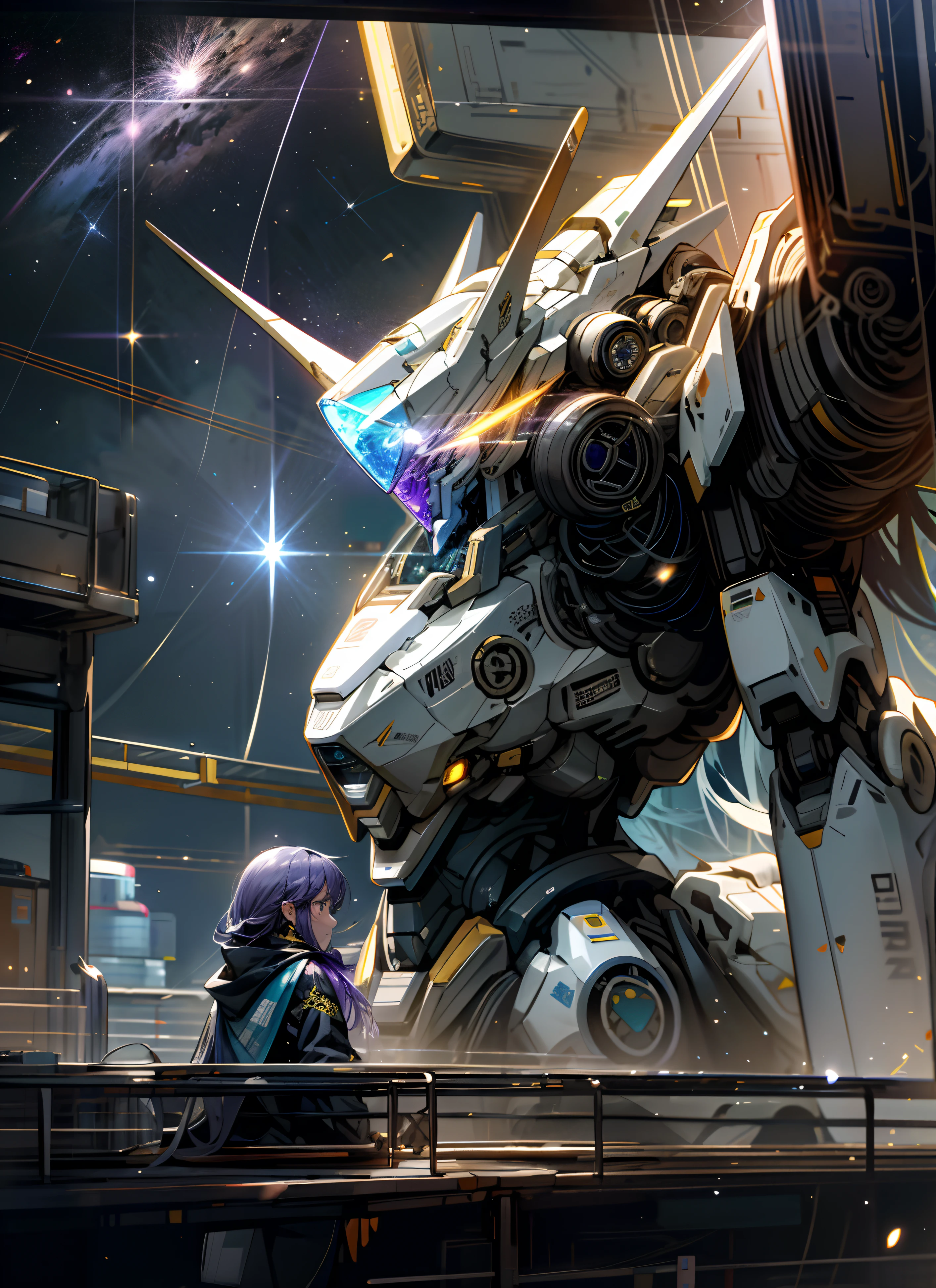 Cosmos, Meteoro, space station, Brilho, Roboto, Mecha , roxo Cabelo, Arquitetura, glowing_eyes, Mecha, scientific fiction, Cidade, Realidade, Mecha