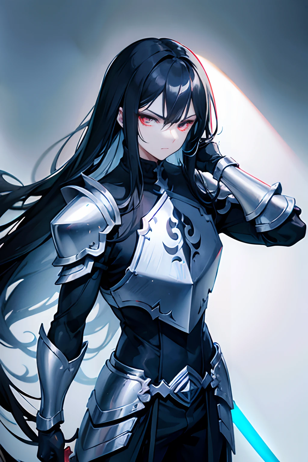 Man with long black hair wearing black paladin armor while holding a long black sword in his hand as his eyes glow red and his muscles stand out with a serious look on his face