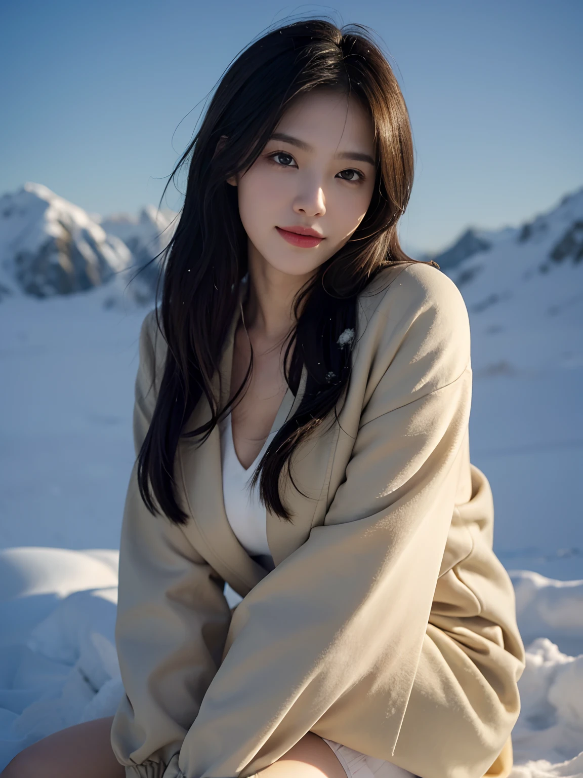 best qualtiy,tmasterpiece,超高分辨率,(真实感:1.4),RAW photogr,1girll,long whitr hair,Face Highlighting,Pure,Girly,Flushing,18yr old,18-year-old smiling female classmate,Pure,Innocent,(best qualtiy,8K,tmasterpiece:1.3),Goose egg face,largeeyes,long eyelasher,Exquisite(live-action realistic style),Star-like eyes,Ultimate face,Photorealistic light and shadow,Clear facial features,Milky white skin,Fair skin, highdetailskin, Realistic skin details, Visible Pore,(Super detail),(perfect bodies:1.1),long whitr hair,(dynamicposes),((Dynamic background((volumettic light:1.3)),huge tit,deep v big breasts,Khaki coat,Black leather boots,alps,snow mountains,liberta,Dashing,long leges,Shunguang