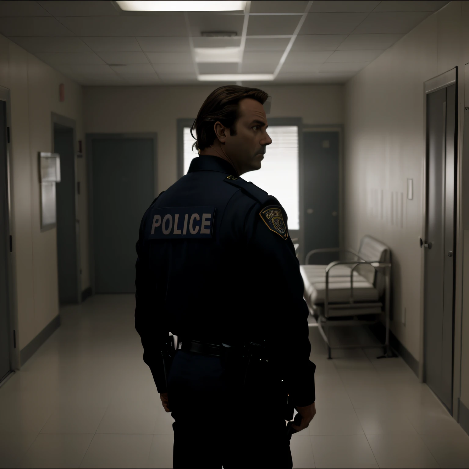 there is a man in a police uniform standing in a hallway, shot from danis villeneuve movie, sad cop looking at a, denis villeneuve movie still, cop, production still, movie still 8 k, high resolution movie still, full body worn out torn cape, shot from movie, police officer, in this ominous scene, promotional still wide angle
