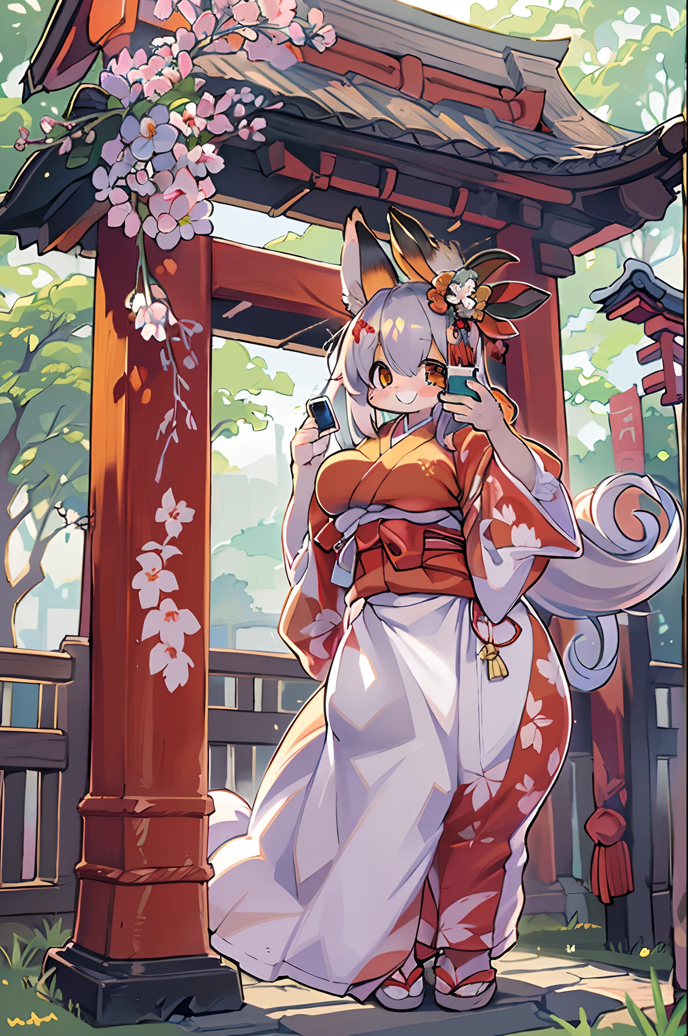 Fox Woman、body covered with fur、huge-breasted、kawaii、shrine maiden、Japan white clothes,Red Hakama、torii gate,summer day、((High Position))、((Selfie))、A big smile、bbw、thick thight、big butts、Ultramammy,Chibi,Nanachi