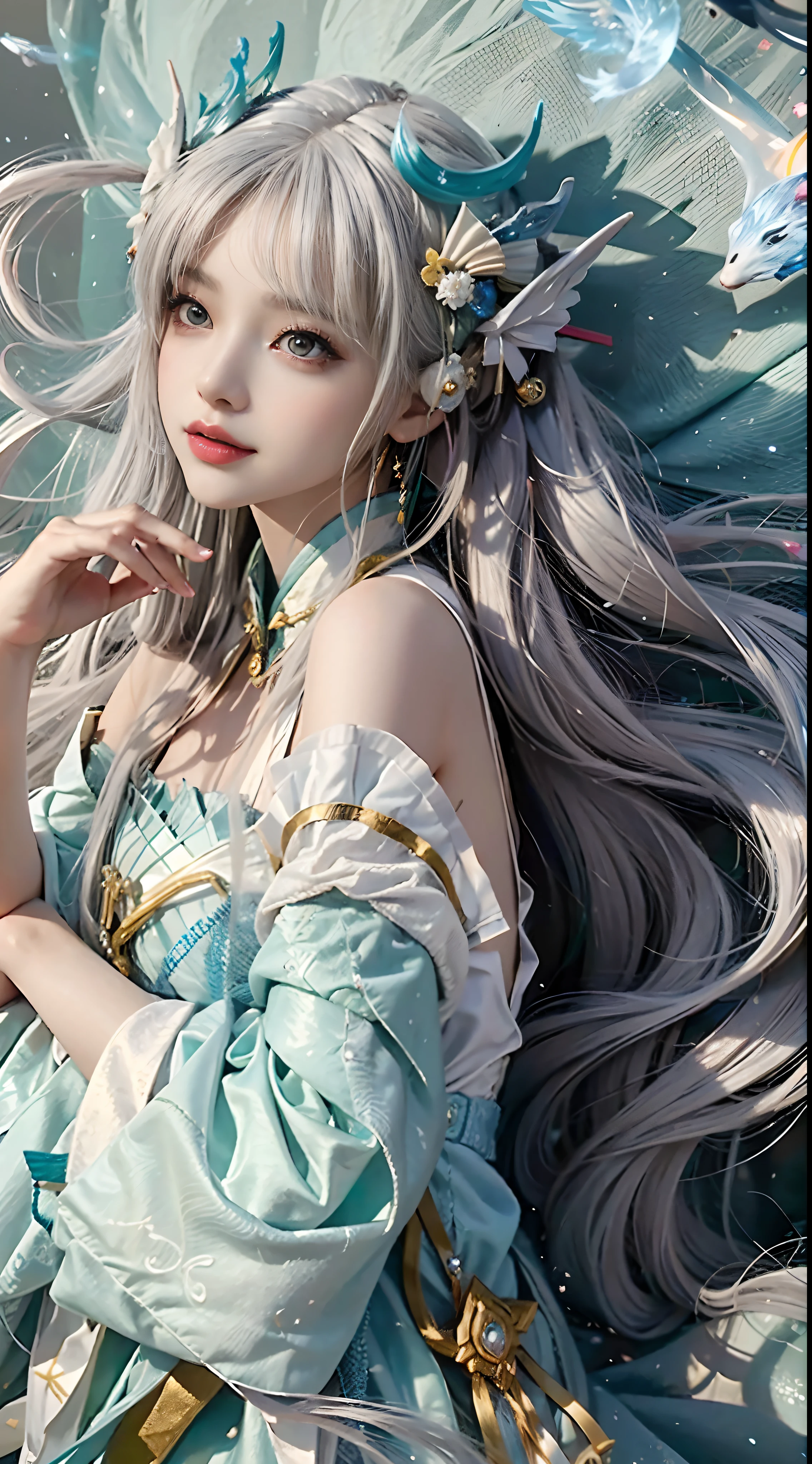 Close-up of a woman in costume on stage,full-body xianxia,Beautiful celestial mage,Amazing young ethereal characters,a beautiful fantasy empress,astral witch clothes,shaxi,A flowing magic robe,White Hanfu,xianxia fantasy,Beauty Delfin,Ethereal fantasy,Elegant and charming cosplay,heise jinyao,Feminine and colorful,It's tumultuous,((Lie flat on the ground)),((Top-down view))