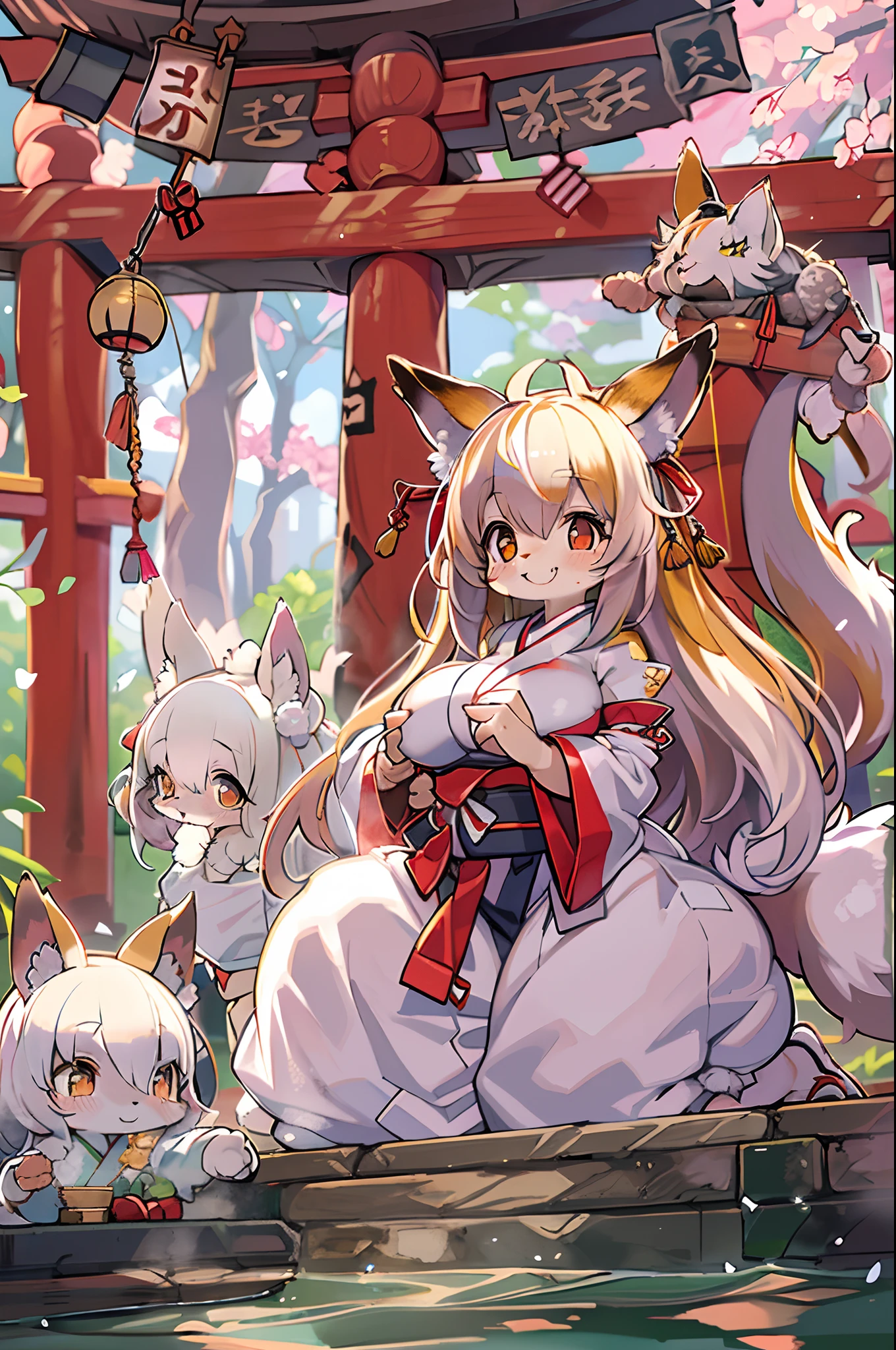 Fox Woman、body covered with fur、huge-breasted、kawaii、shrine maiden、Japan white clothes,Red Hakama、torii gate,summer day、((High Position))、((Selfie))、A big smile、bbw、thick thight、big butts、Ultramammy,Chibi,Nanachi