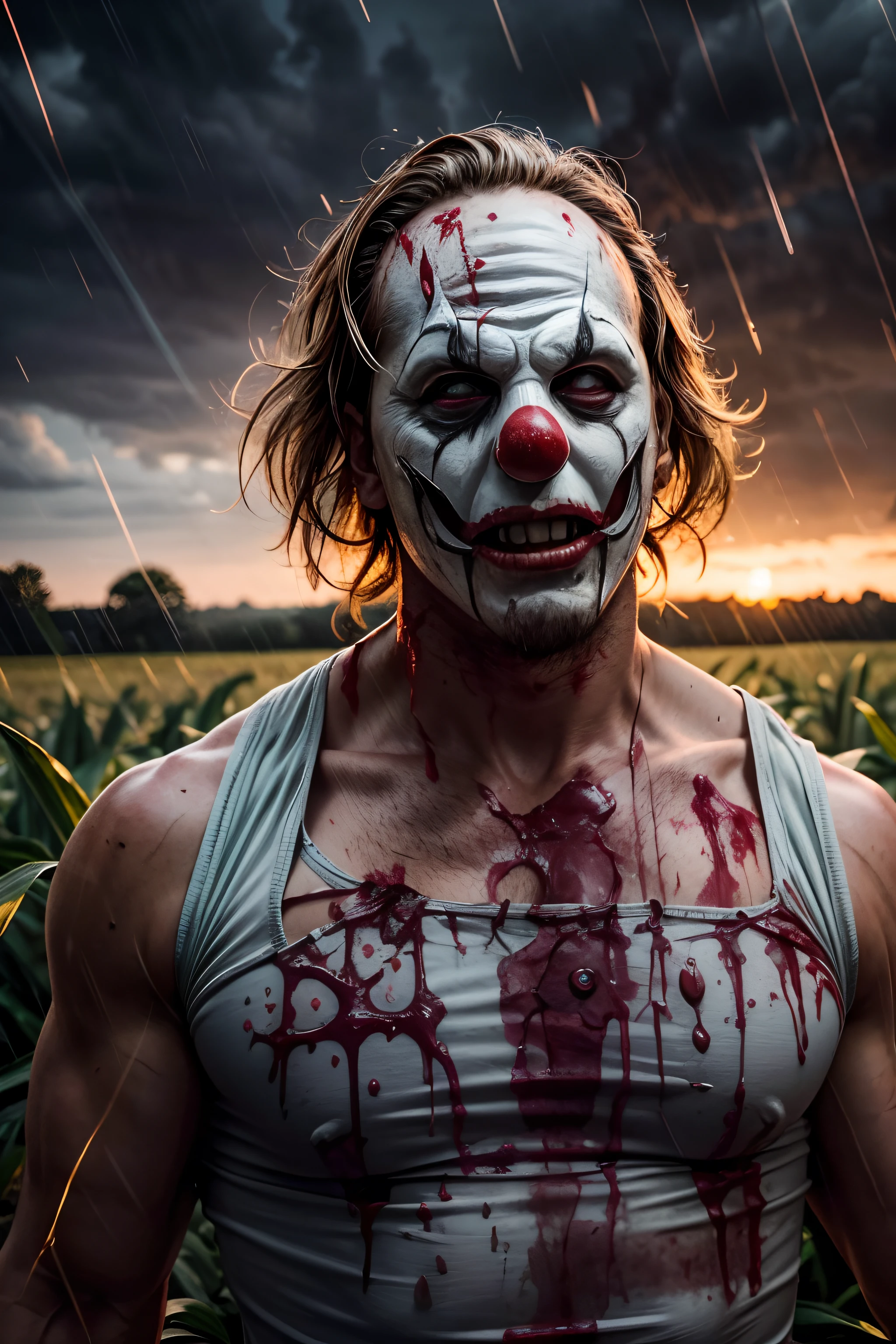 Photo of (terrifying) hulking male slasher covered in blood in a cornfield, clown mask, white-tank-top, lightening, rain, dramatic lighting, (low angle shot), detailed, high quality, high resolution, 8k, high saturation