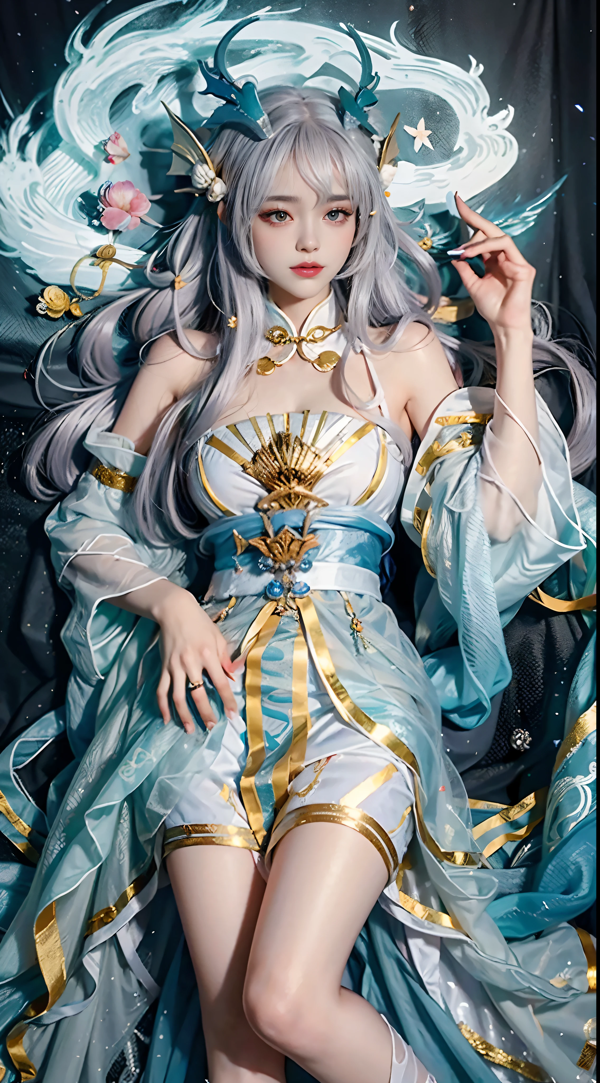 Close-up of a woman in costume on stage,full-body xianxia,Beautiful celestial mage,Amazing young ethereal characters,a beautiful fantasy empress,astral witch clothes,shaxi,A flowing magic robe,White Hanfu,xianxia fantasy,Beauty Delfin,Ethereal fantasy,Elegant and charming cosplay,heise jinyao,Feminine and colorful,It's tumultuous,((Lie flat on the ground)),((Top-down view))