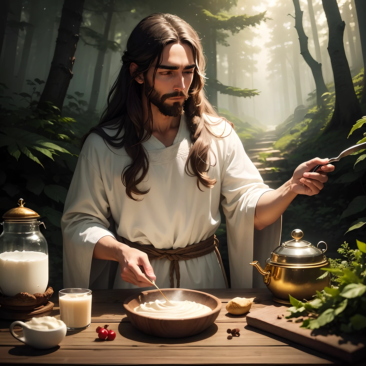 Jesus on a mountain with Joe Biden,  Brown Skin Long Hair Tied, Wearing white robe, he is preparing a jar of cream with a golden lid.. seu olhar misterioso. is in the middle of a magical forest