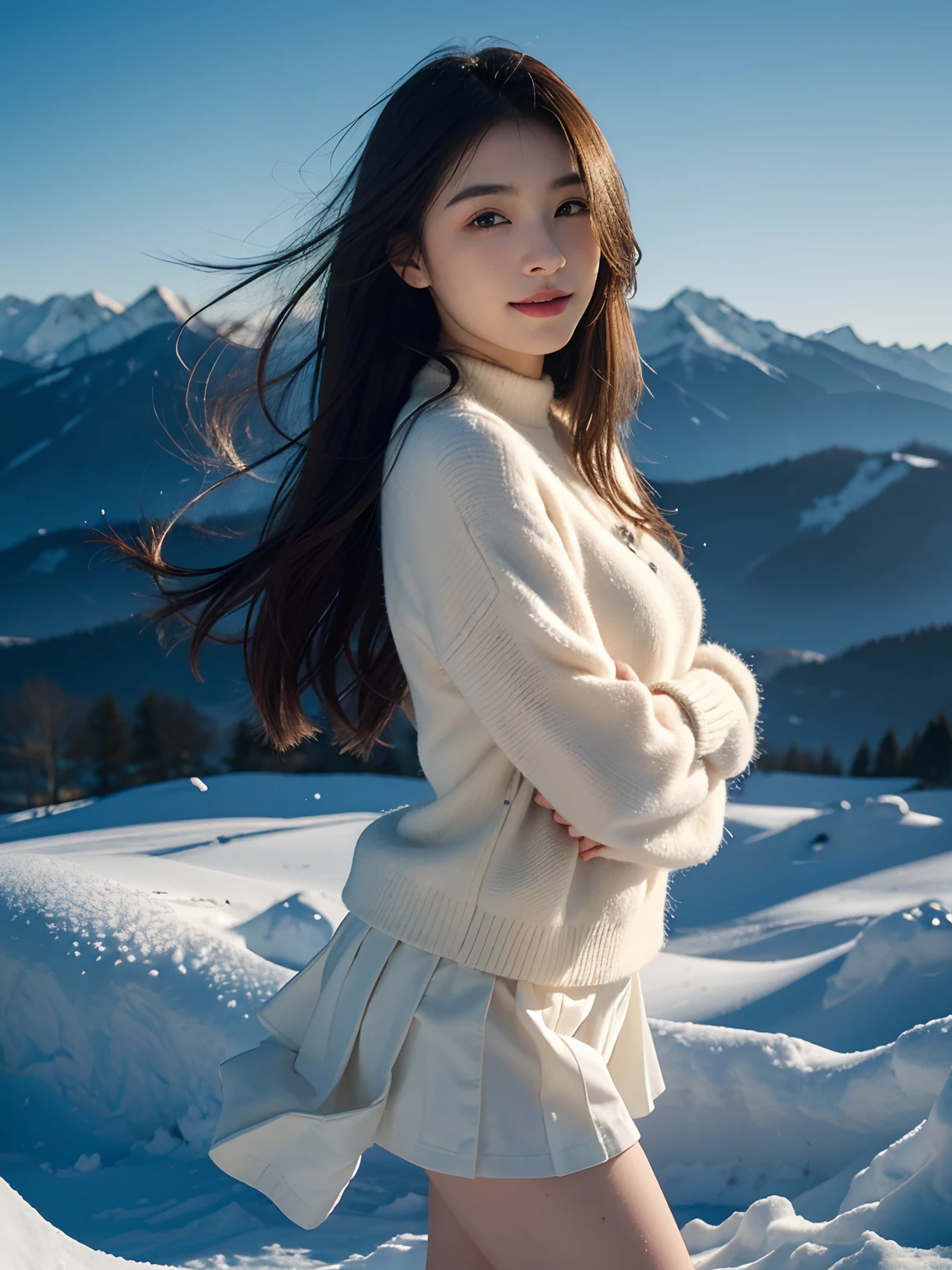 best qualtiy,tmasterpiece,超高分辨率,(真实感:1.4),RAW photogr,1girll,long whitr hair,Face Highlighting,Pure,Girly,Flushing,18yr old,18-year-old smiling female classmate,Pure,Innocent,(best qualtiy,8K,tmasterpiece:1.3),Goose egg face,largeeyes,long eyelasher,Exquisite(live-action realistic style),Star-like eyes,Ultimate face,Photorealistic light and shadow,Clear facial features,Milky white skin,Fair skin, highdetailskin, Realistic skin details, Visible Pore,(Super detail),(perfect bodies:1.1),long whitr hair,(dynamicposes),((Dynamic background((volumettic light:1.3)),huge tit,whitesweater,Red wool skirt,alps,snow mountains,standing on your feet,liberta,Dashing,long leges,Shunguang