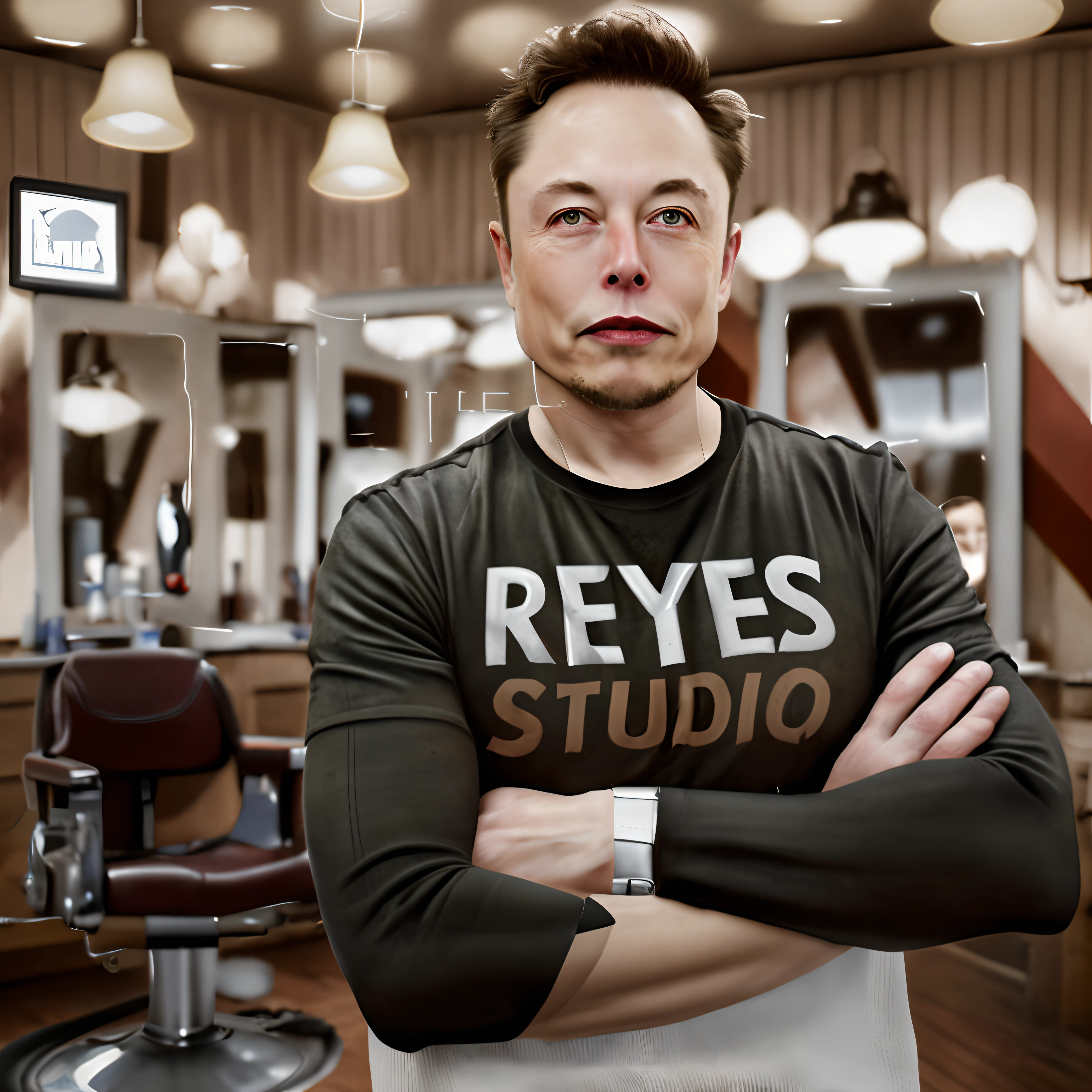 Genera una imagen digital de Elon Musk en una pose segura, Con los brazos cruzados, wearing a black T-shirt with the inscription "REYES STUDIO" en el pecho. The background of the scene should represent a real barbershop, with characteristic elements such as a classic vintage barber chair, Espejos antiguos, and details of traditional decoration, epic realistic photography, Hiperrealista.