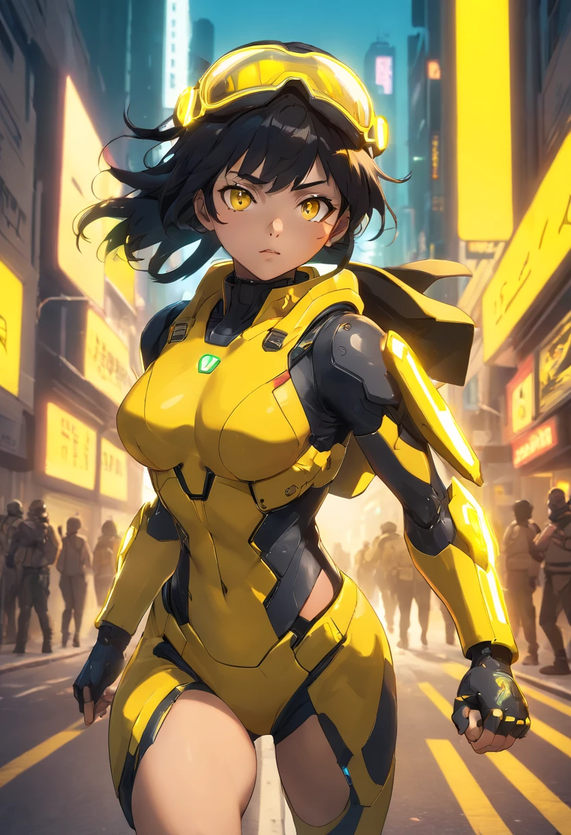 (Yellow Cyberpunk Speed Tactical Suit:1) (1womanl) Dark theme :: Focus on close-up of the face, Serious face, Civetik visor, :: Medium black hair, thick thighs :: Ultra-realistic futuristic speedster sci-fi cyberpunk athletic woman, Black eyes, ((Running in the middle of the street with yellow rays, Cyberpunk, Shadowrun, Sci-fi tech cyberpunk)) :: Cool Cyberpunk Yellow Speed Combat Suit :: Natural lighting :: Bokeh :: 8K :: Best Quality :: masutepiece :: Insanely detailed:1.5