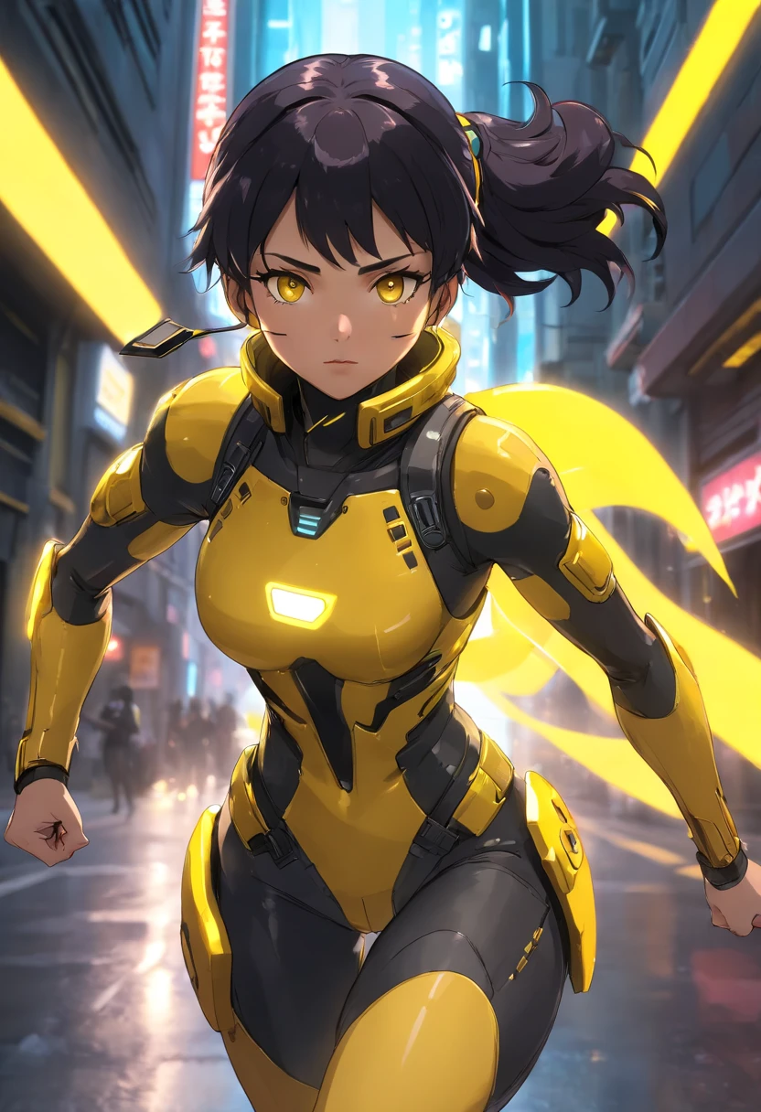 (Yellow Cyberpunk Speed Tactical Suit:1) (1womanl) Dark theme :: Focus on close-up of the face, Serious face, Civetik visor, :: Medium black hair, thick thighs :: Ultra-realistic futuristic speedster sci-fi cyberpunk athletic woman, Black eyes, ((Running in the middle of the street with yellow rays, Cyberpunk, Shadowrun, Sci-fi tech cyberpunk)) :: Cool Cyberpunk Yellow Speed Combat Suit :: Natural lighting :: Bokeh :: 8K ::  Best Quality :: masutepiece :: Insanely detailed:1.5