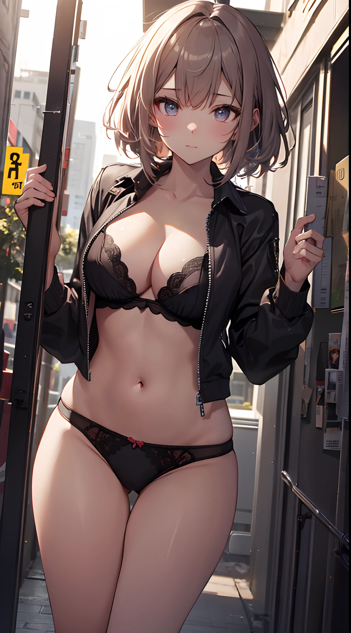 (Original Character、Unity 16K Wallpaper, masutepiece, Best Quality, Ultra-detailed, Extremely detailed, Caustics, Cinematic lighting, Detailed, Beautiful detailed eyes), Ultra High Resolution, Fine skin, (Busy city、strong lights,,,flasher、blush、Showing panties)、(Brighten the subject、Undressing,Open your clothes),casual、cleavage