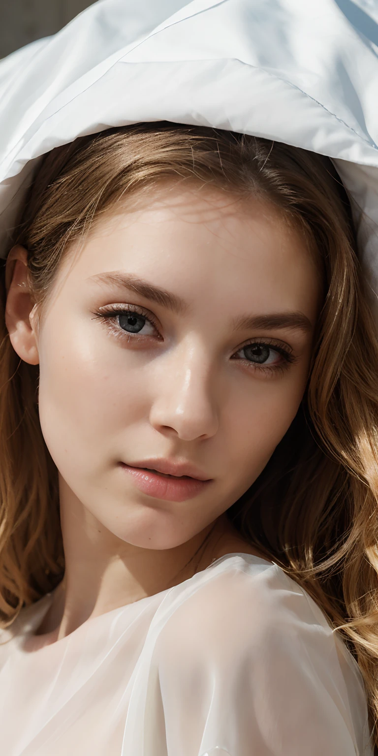 Photo of a 20-year-old European girl, raw, Beautiful woman, (Extra long wavy blonde hair), ((Portrait)), ((Detailed face:1.2)), ((detailed facial features)), (finely detailed skin), pale skin, , wrapped in a sheet, Bedroom environment, Lying on the bed, (cold color), moist, moist, Reflectors, (masutepiece) (perfectly proportions)(photos realistic)(Best Quality) (Detailed) photographed in a Canon EOS R5, 50mm Lens, F/2.8, nffsw, (8K) (Wallpaper) (Cinematic lighting) (Dramatic Lighting) (foco nítido) (Convoluted) Fashion, From  above