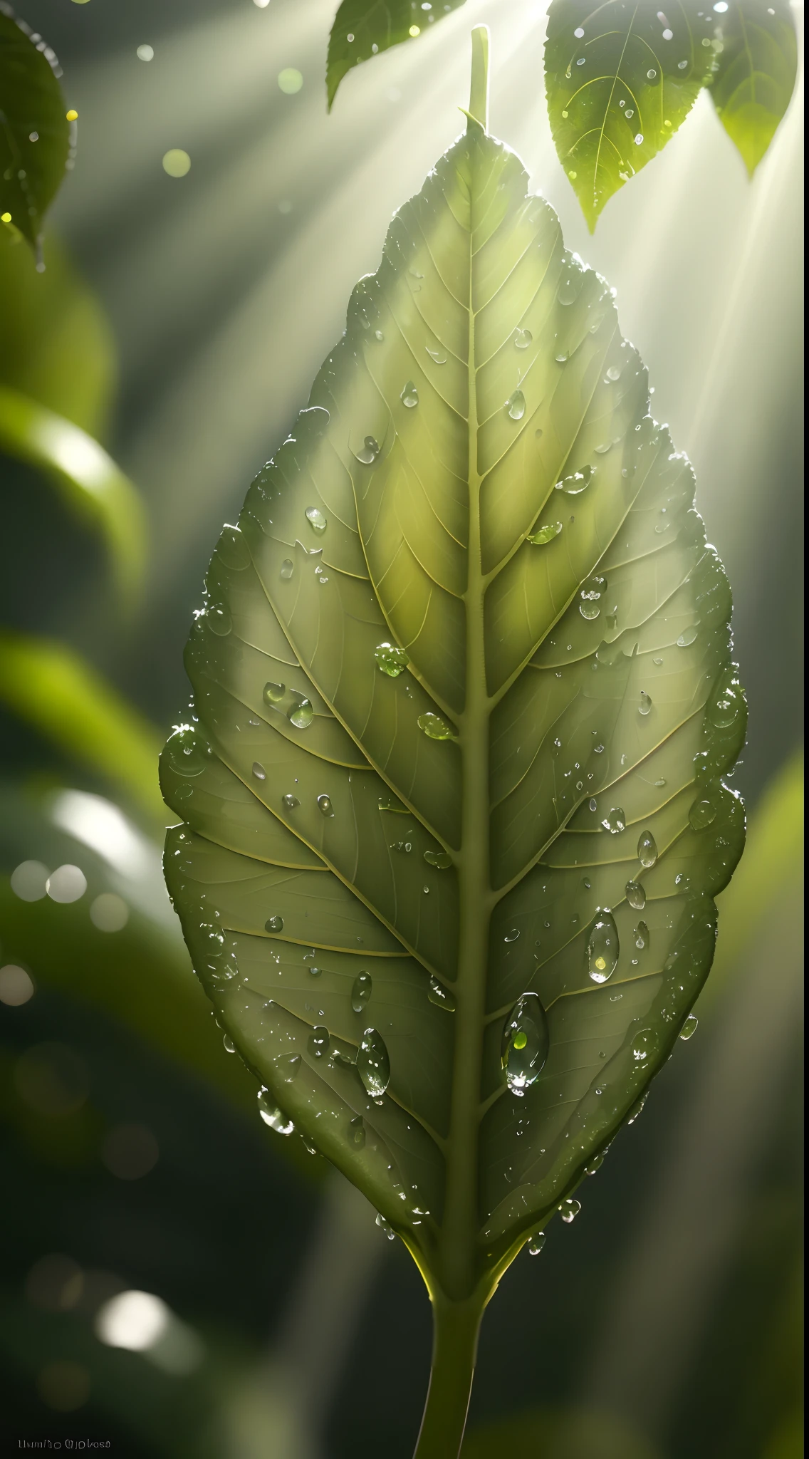 The tender green leaves have large water droplets on them to reflect the sunlight, god rays, backlighting, depth of field, drop shadow, lens flare, 16k, best quality, highres, high quality, high details, super detail, UHD, textured skin, ccurate