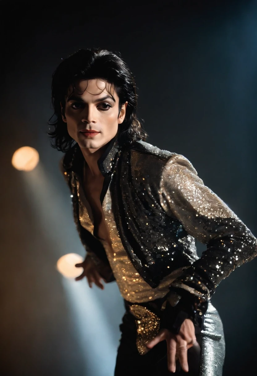 Michael jackson,Wearing a sequin dance costume,Space dancing steps,stage lighting,Chasing the light,Backlight