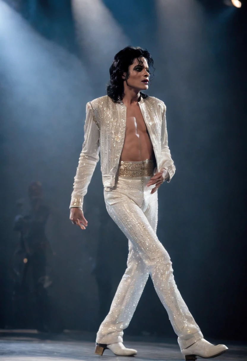 Michael jackson，Wearing a sequin dance costume，Space dancing steps，stage lighting，Chasing the light，Backlight