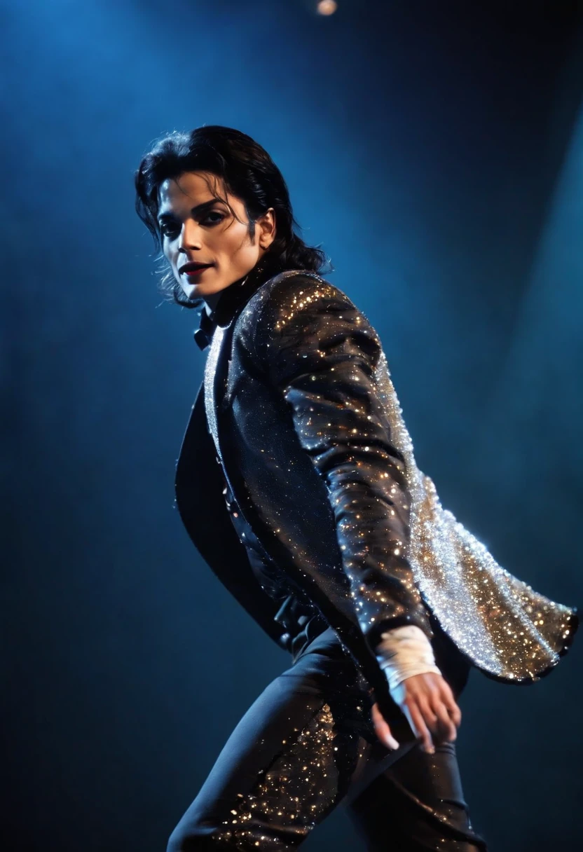 Michael jackson,Wearing a sequin dance costume,Space dancing steps,stage lighting,Chasing the light,Backlight