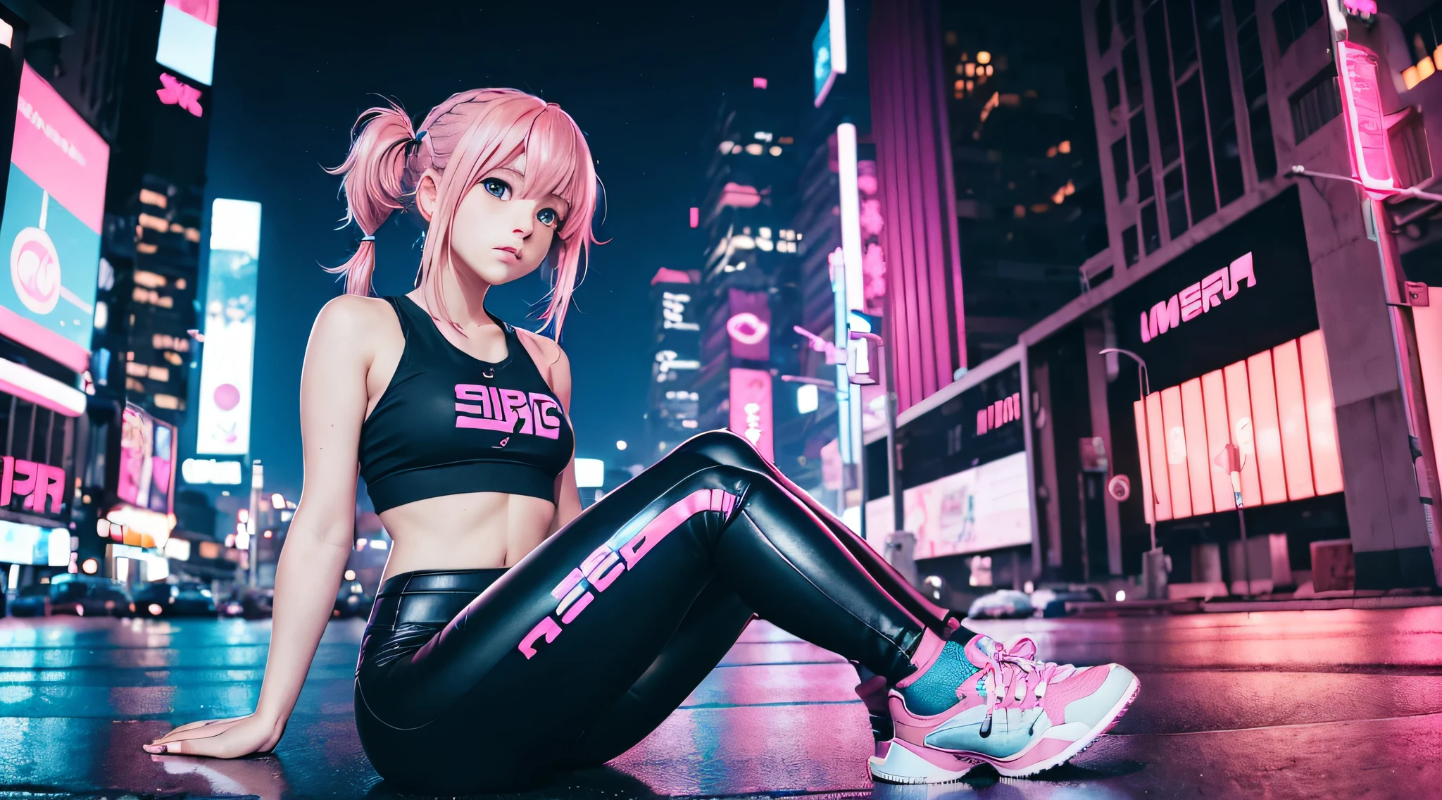 1girl, shy, cute, medium pink hair, hair in pigtails, blue eyes, thick thighs, wearing small crop top, leggins, sneakers shoes, cyberpunk city, night time, absurdres, high res, ultra sharp, 4k, masterpiece, looking at viewer