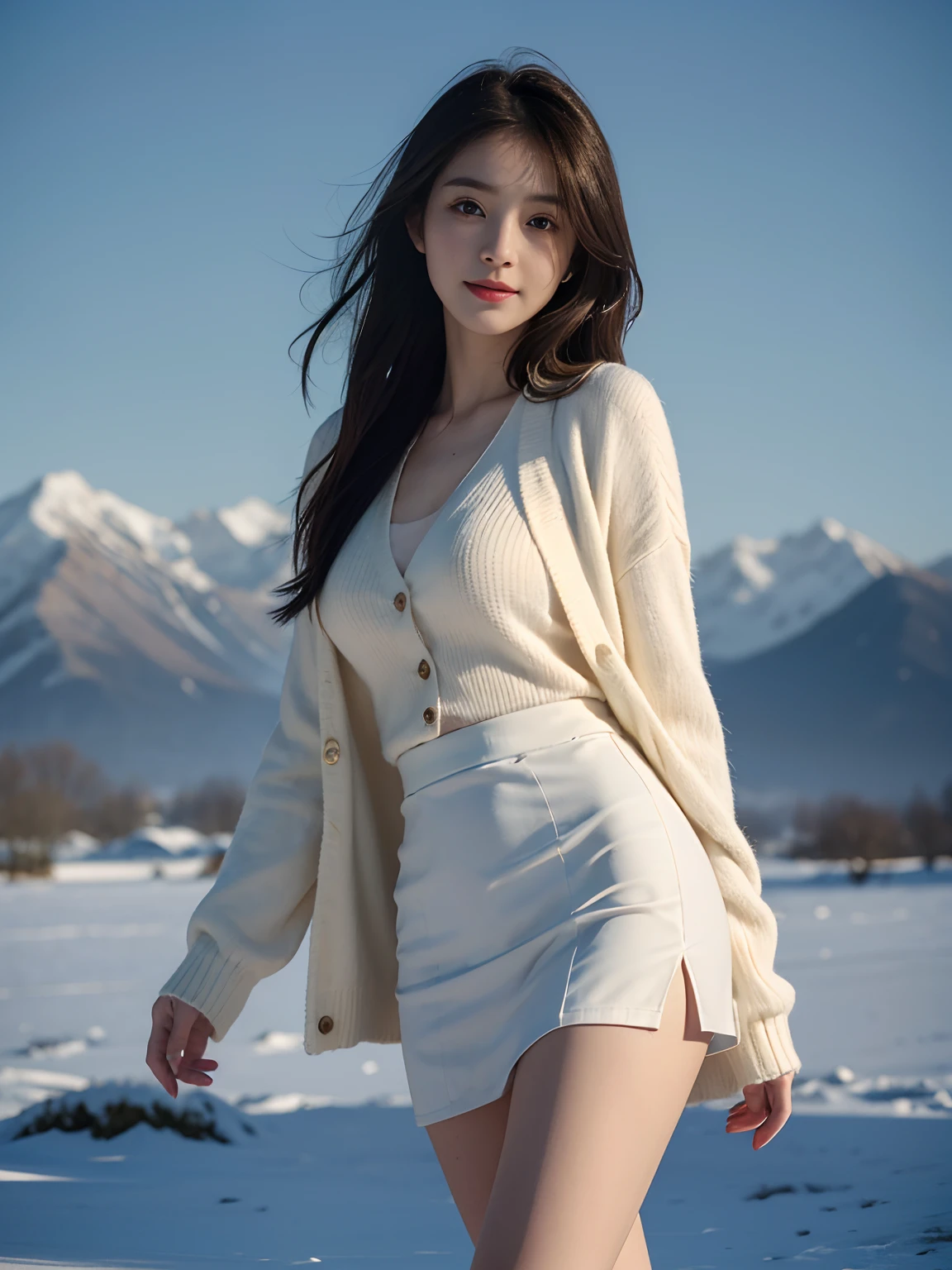 best qualtiy，tmasterpiece，超高分辨率，（真实感：1.4），RAW photogr，1girll，long whitr hair，Face Highlighting，Pure，Girly，Flushing，18yr old，18-year-old smiling female classmate，Pure，Innocent，（best qualtiy，8K，tmasterpiece:1.3），Goose egg face，largeeyes，long eyelasher，Exquisite（live-action realistic style），Star-like eyes，Ultimate face，Photorealistic light and shadow，Clear facial features，Milky white skin，Fair skin， highdetailskin， Realistic skin details， Visible Pore，（Super detail），（perfect bodies：1.1），long whitr hair，（dynamicposes），((Dynamic background((volumettic light：1.3))，huge tit，White cardigan，Short skirt that wraps around the hips，alps，snow mountains，chilly，standing on your feet，liberta，Dashing，long leges，Shunguang