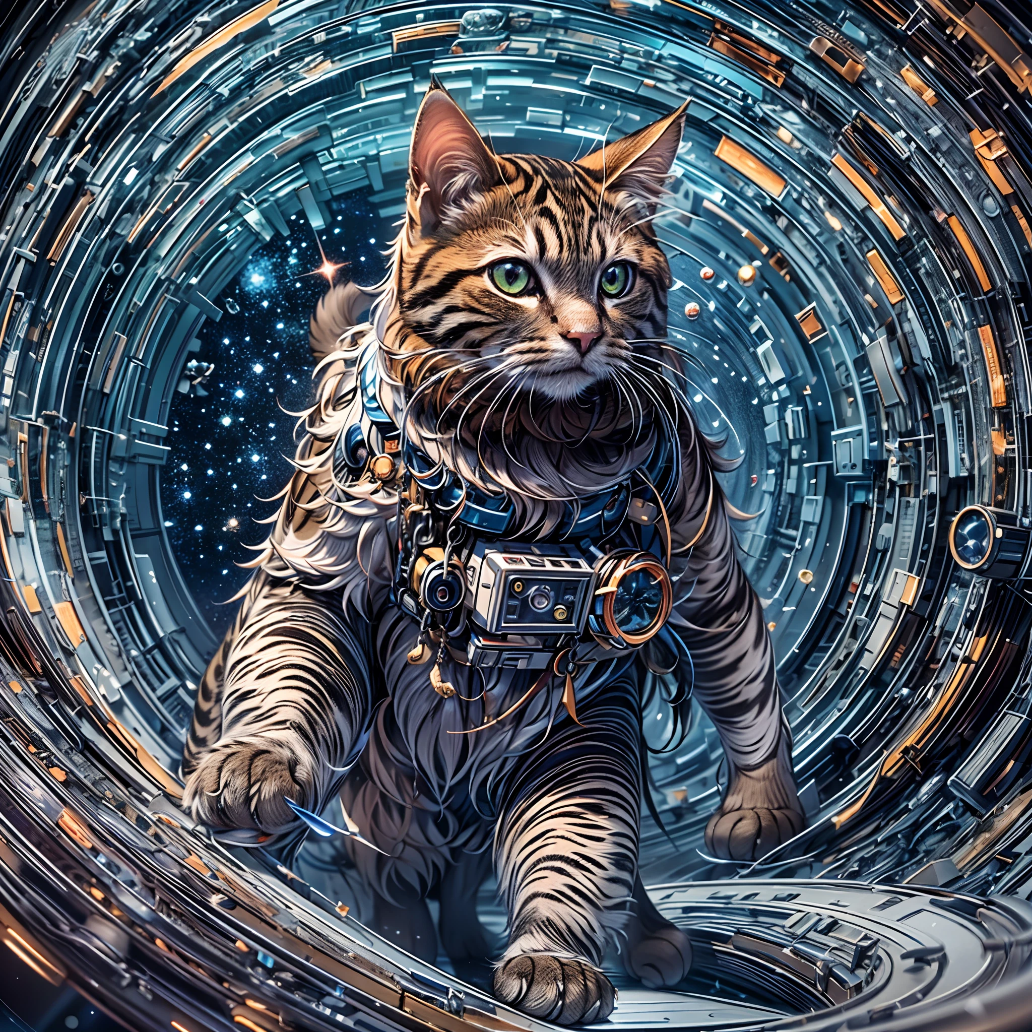 Use paper cuts to make cosmic scenes, A cat in a spacesuit is walking through a space-time tunnel，A black hole near the end，Best Quality ,masutepiece,extremely delicate and beautiful, Extremely detailed  ,Unity ,8K Wallpaper, finely detail, Best Quality,absurderes, unbelievable Ridiculous, huge filesize, Ultra-detailed, hight resolution, Extremely detailed