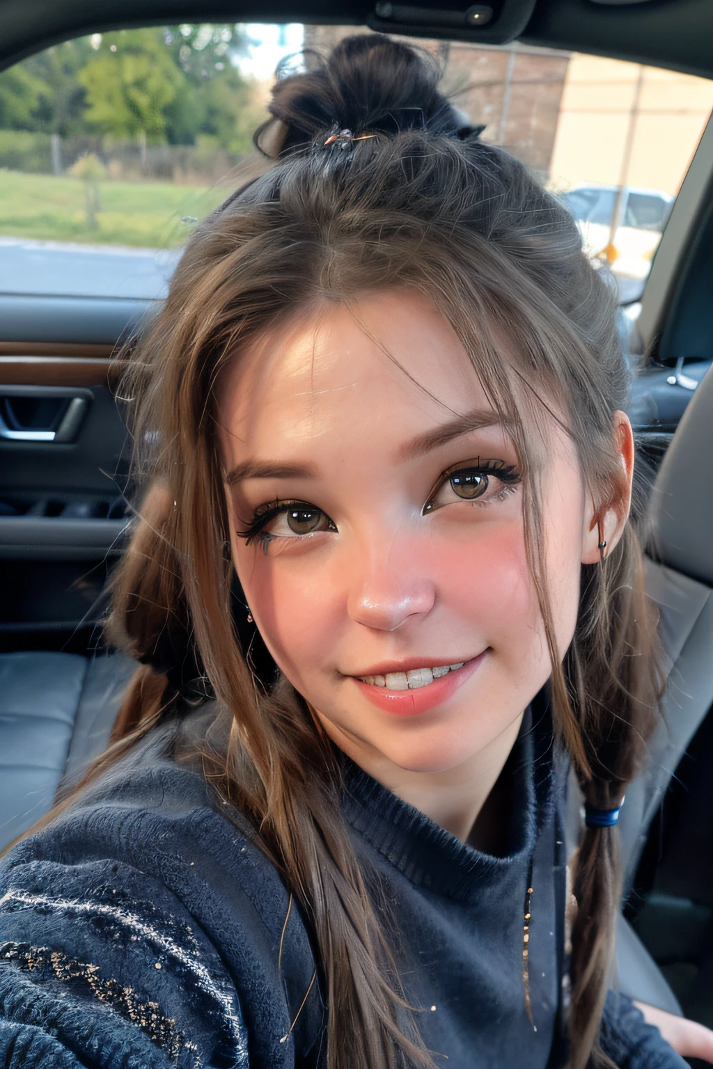 selfie of belledel, happy, smiling, detailed eyes, sitting in a car,luxury car、
detailed eyes, (dark sweater, blue jeans, from above, ponytail), (dark hair),
taken on an old camera, low res, flash photography, grainy,