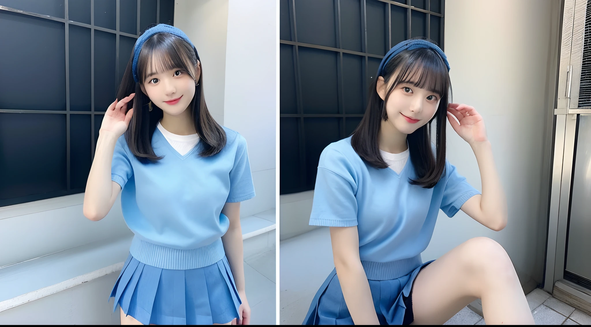 18-year-old high school girl in a light blue miniskirt(bobhair)