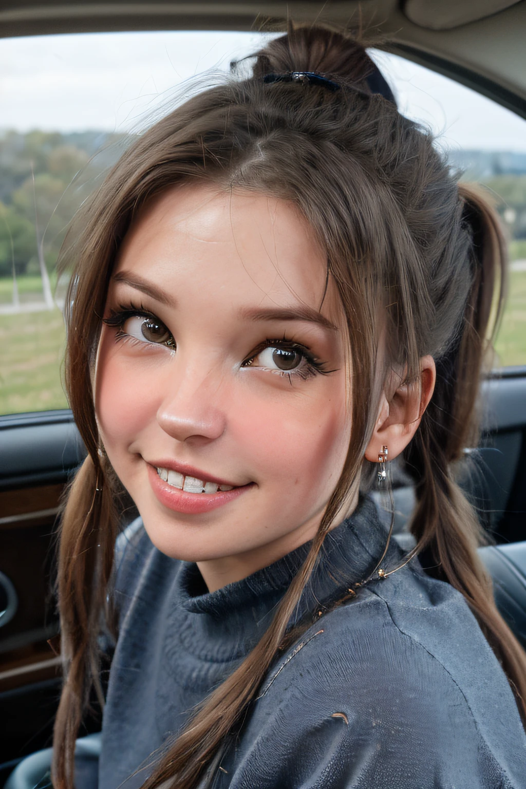 selfie of belledel, happy, smiling, detailed eyes, sitting in a car,luxury car、
detailed eyes, (dark sweater, blue jeans, from above, ponytail), (dark hair),
taken on an old camera, low res, flash photography, grainy,