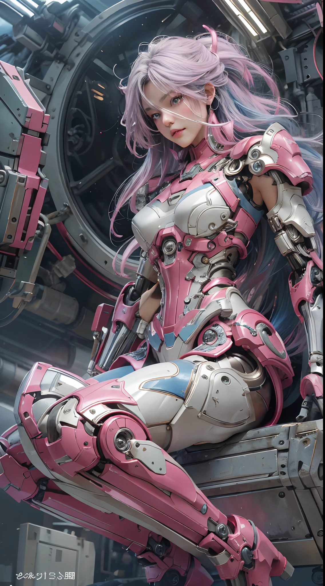 masterpiece, best quality, 1girl, solo, perfect face, looking at viewer, skin tight transparent vinyl, long blue hair, gray eyes, pale skin, shanyaogaoda, mecha, pink armor with white part, armor, helmet, lineart, dimly lit, low key, sharp focus, octane, backlighting, machinery, backlighting, shiny clothes, mechanical legs, thrusters, flying, hair ornament, high heels, shiny, artist name, standing, thighs, pink eyes, teeth, looking down, armored boots, cyborg, (big mechanical background:1.2), bare shoulders, lips, machine, The view from the bottom up, cosplay, RAW photo, delicate, best quality, (intricate details:1.3), hyper detail, finely detailed, colorful, 8k uhd, film grain, (studio lighting:1.2), (Fujifilm XT3), (photorealistic:1.3), (detailed skin:1.2)ultra high res, outside in the park with lake, best quality, photo, 4k, (photorealistic:1.4)