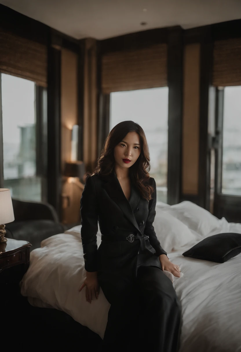 A woman wearing a men's three-piece suit with a black shirt, wearing black leather gloves in both hands, a Japanese girl, a dark hotel room